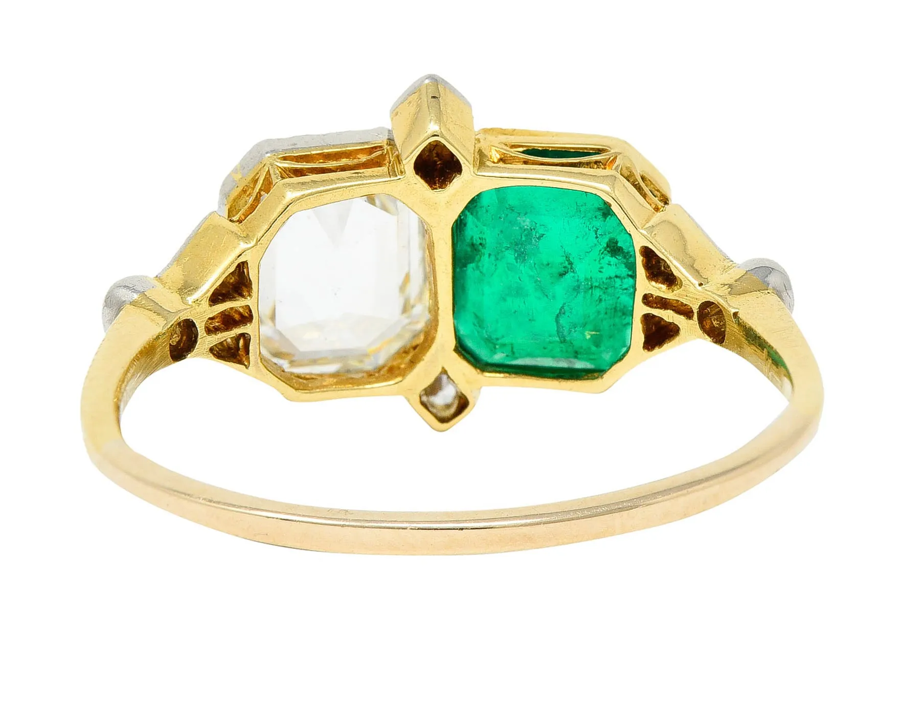 1920's Art Deco Diamond Emerald Platinum-Topped 18 Karat Gold Double Ring