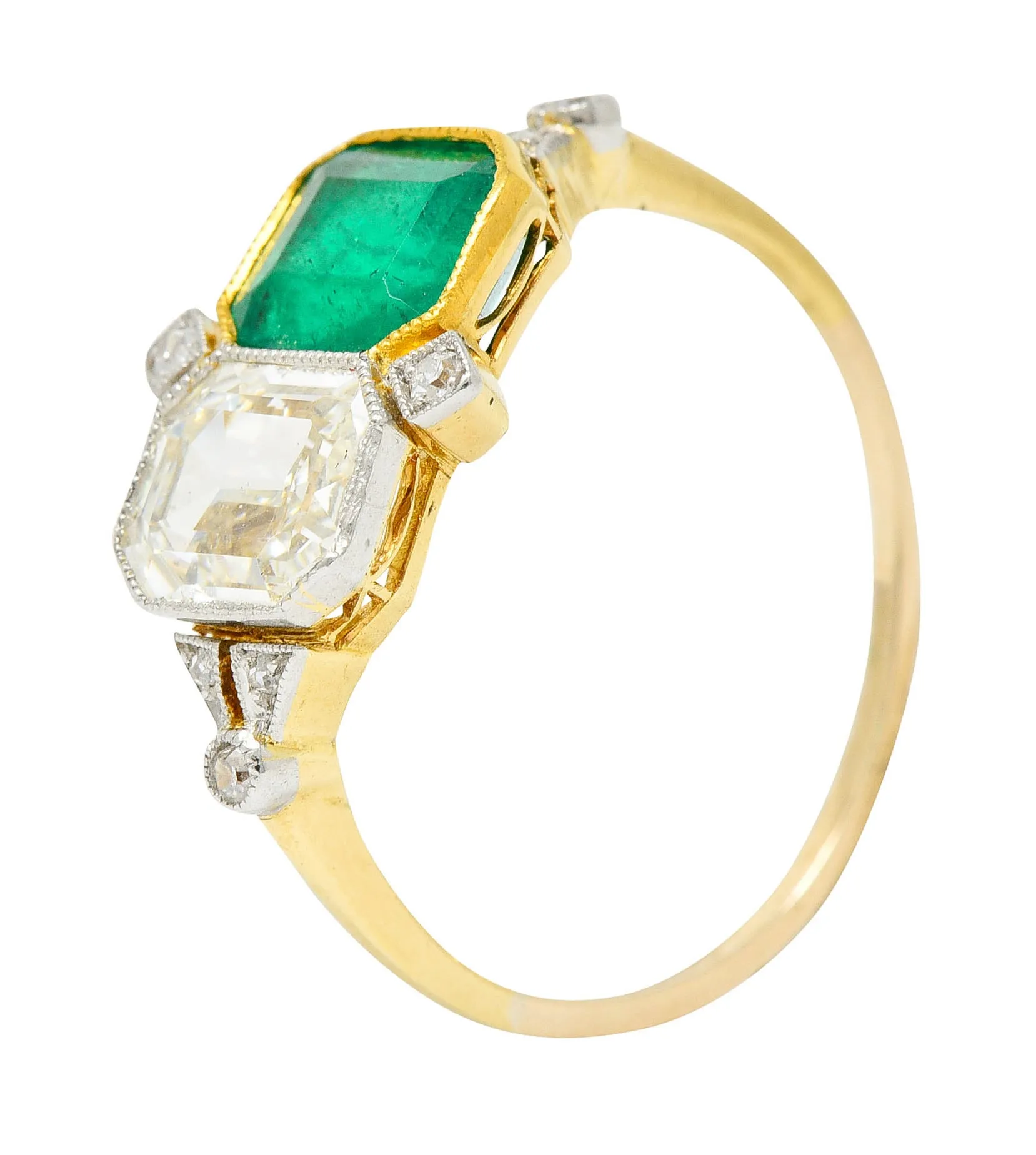 1920's Art Deco Diamond Emerald Platinum-Topped 18 Karat Gold Double Ring