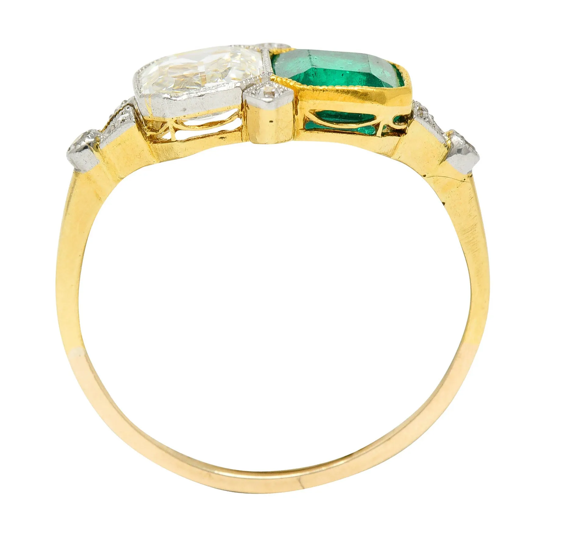 1920's Art Deco Diamond Emerald Platinum-Topped 18 Karat Gold Double Ring