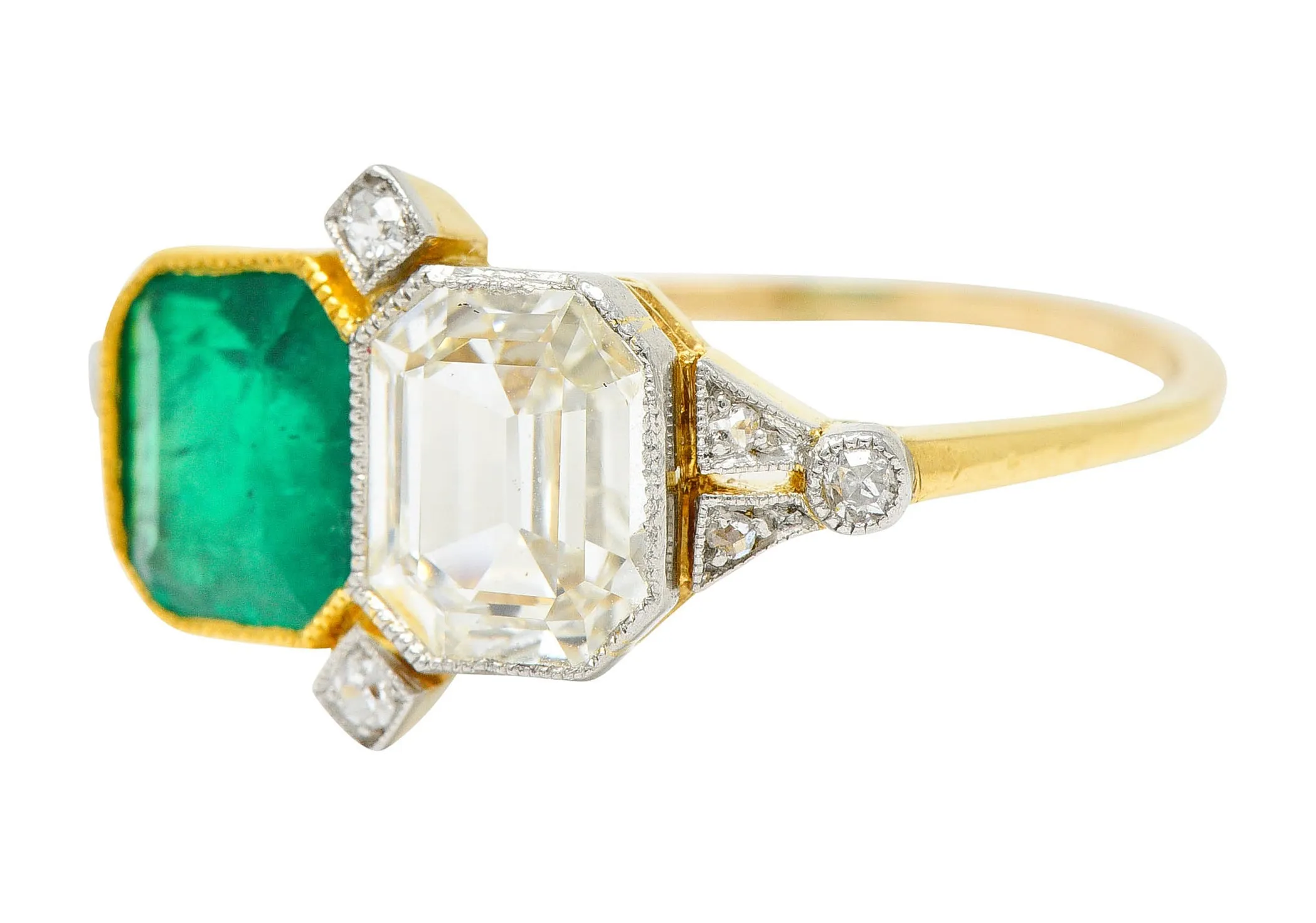 1920's Art Deco Diamond Emerald Platinum-Topped 18 Karat Gold Double Ring