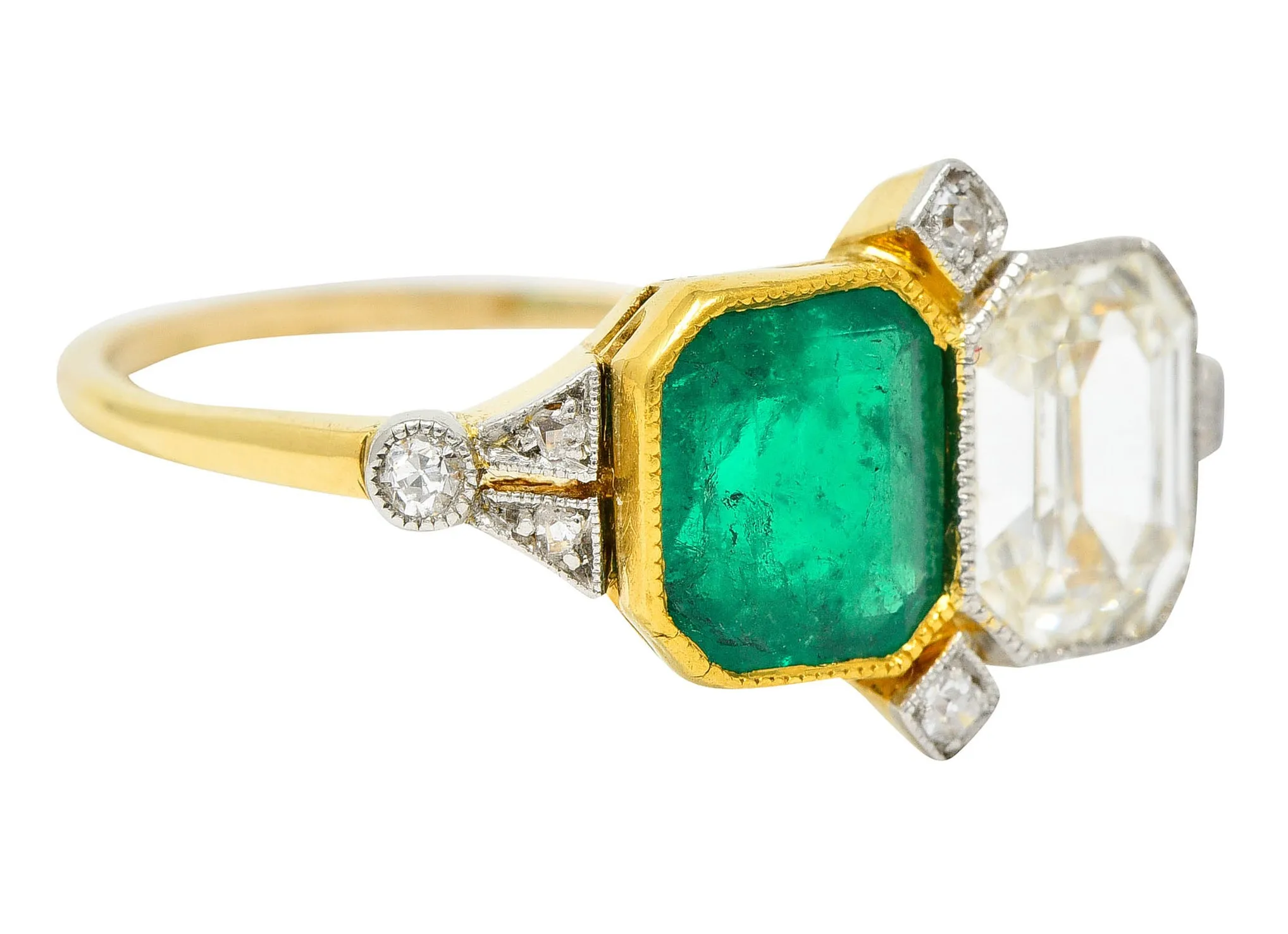 1920's Art Deco Diamond Emerald Platinum-Topped 18 Karat Gold Double Ring