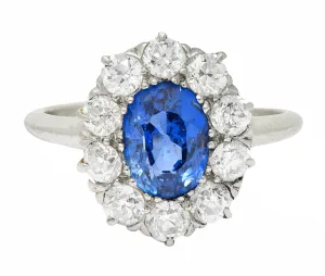 1920's Art Deco No Heat Ceylon Sapphire Diamond Platinum Cluster Ring GIA