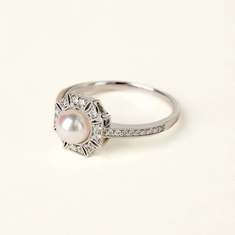 1920s' Collection Akoya Pearl Ring with 18K White Gold and Diamonds