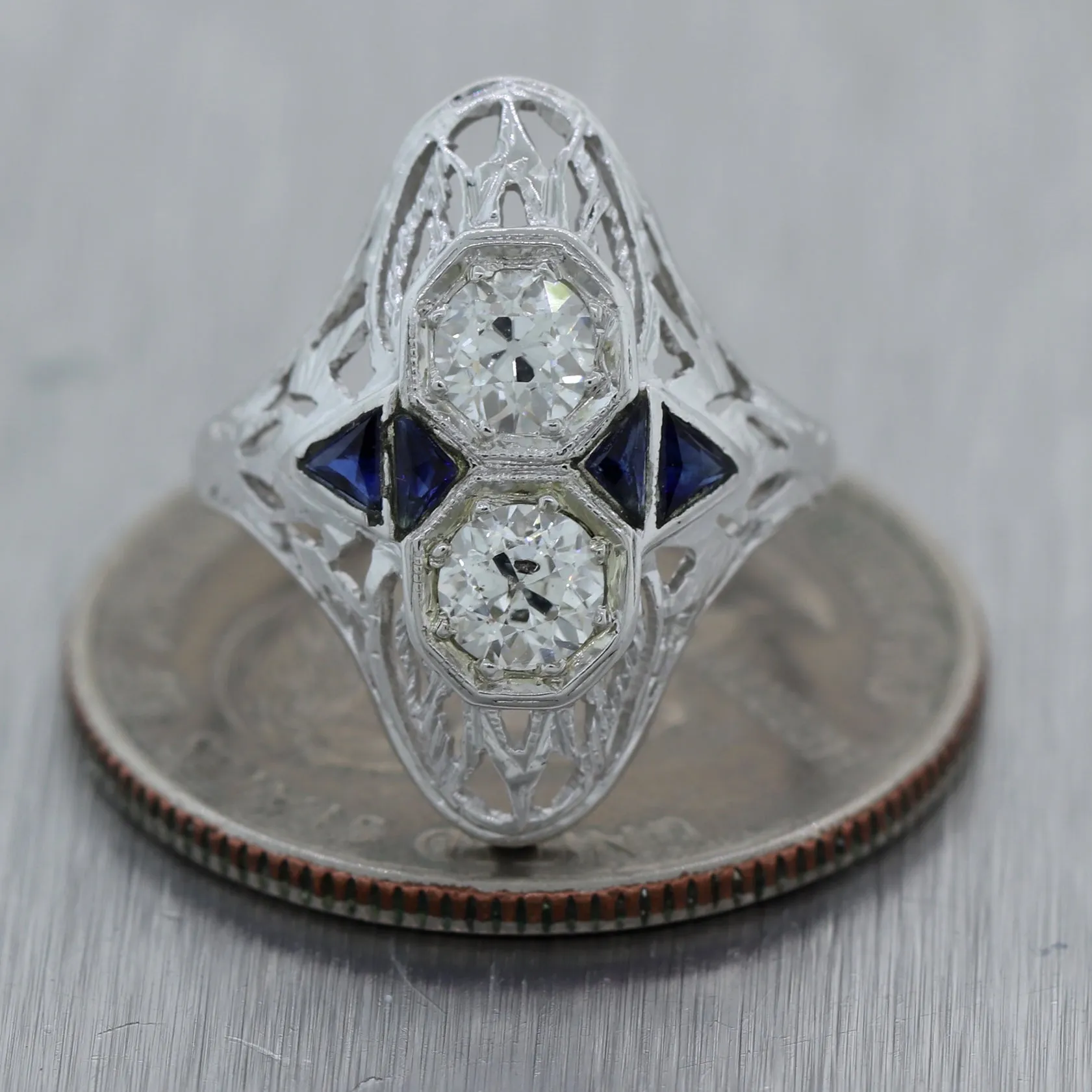 1930s Antique Art Deco 18k White Gold 0.42ctw Diamond Sapphire Filigree Ring