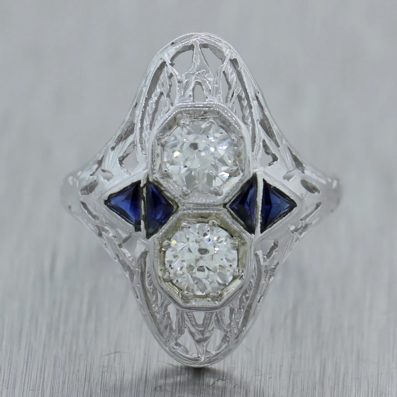 1930s Antique Art Deco 18k White Gold 0.42ctw Diamond Sapphire Filigree Ring