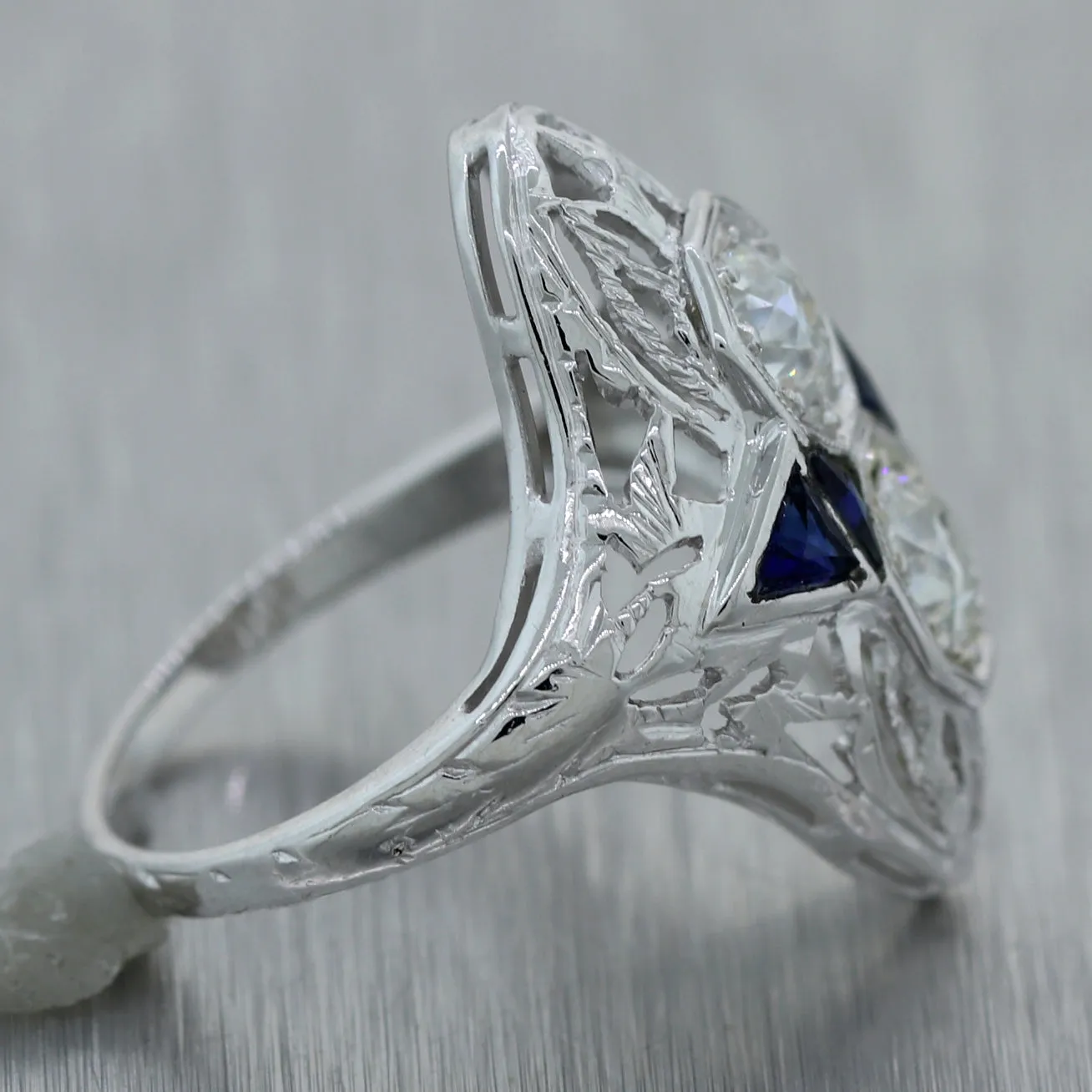 1930s Antique Art Deco 18k White Gold 0.42ctw Diamond Sapphire Filigree Ring