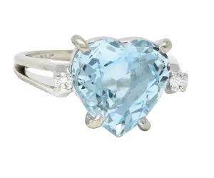 1950s 4.80 CTW Aquamarine Diamond 14 Karat White Gold Heart Three Stone Ring