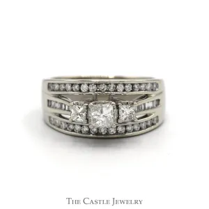 1cttw Princess Cut Three Stone Diamond Engagement Ring with Channel Set Diamond Accents in 10k White Gold