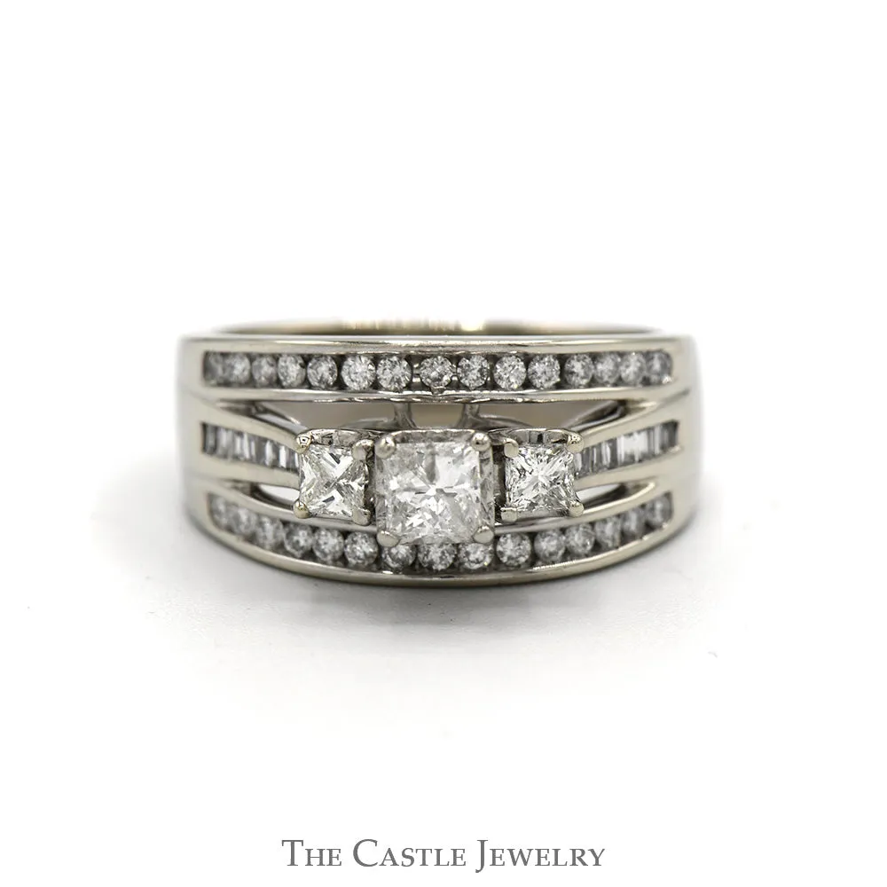 1cttw Princess Cut Three Stone Diamond Engagement Ring with Channel Set Diamond Accents in 10k White Gold