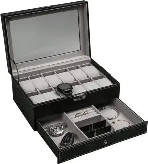 2-tier 12 Slot Leather Lockable Watch Organizer with Glass Lid & Jewelry Drawer, Black