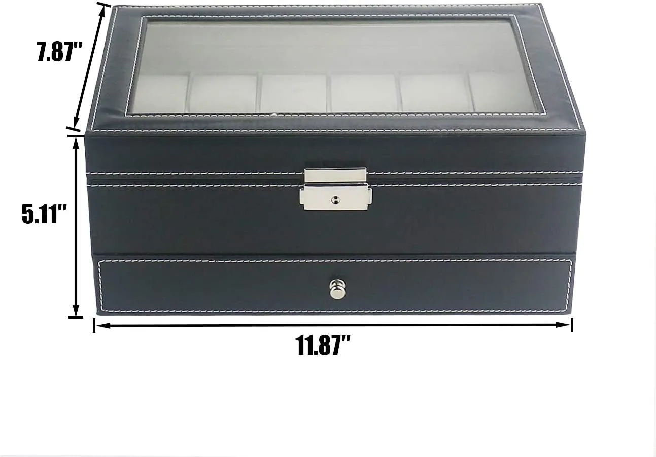 2-tier 12 Slot Leather Lockable Watch Organizer with Glass Lid & Jewelry Drawer, Black
