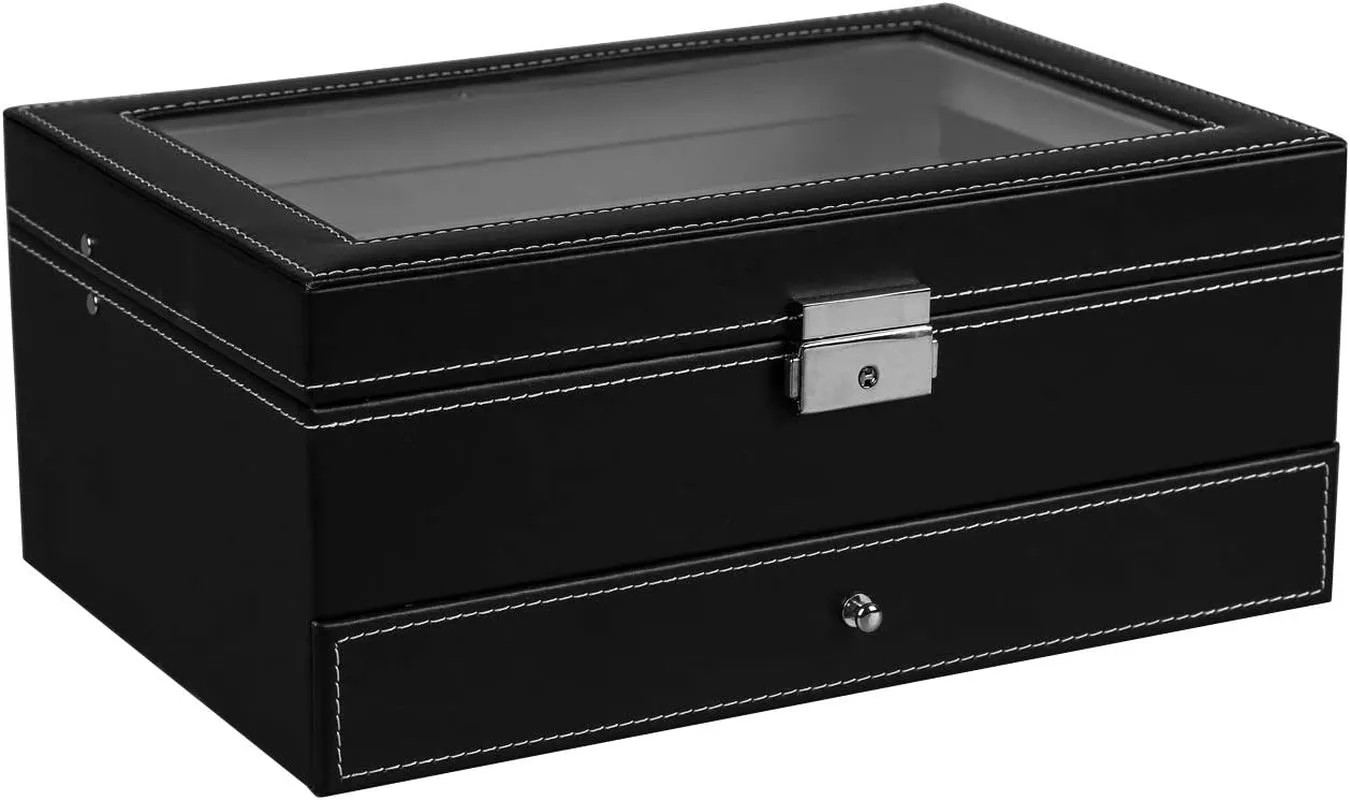 2-tier 12 Slot Leather Lockable Watch Organizer with Glass Lid & Jewelry Drawer, Black