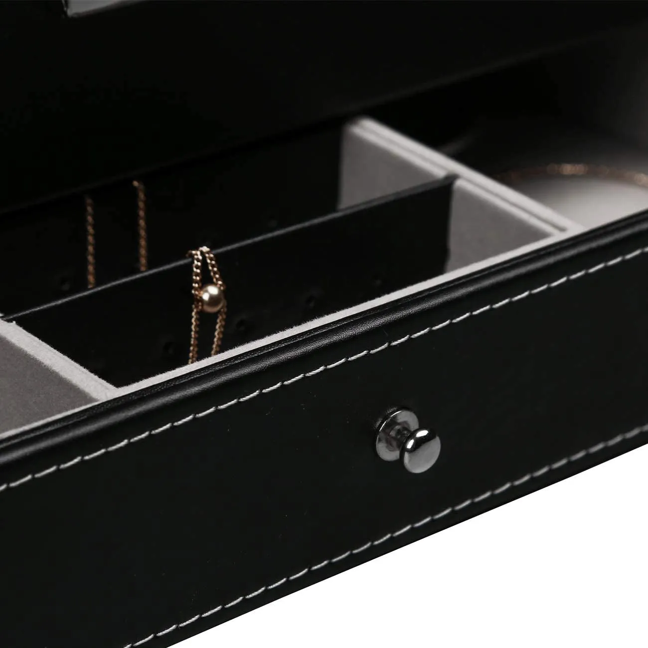 2-tier 12 Slot Leather Lockable Watch Organizer with Glass Lid & Jewelry Drawer, Black