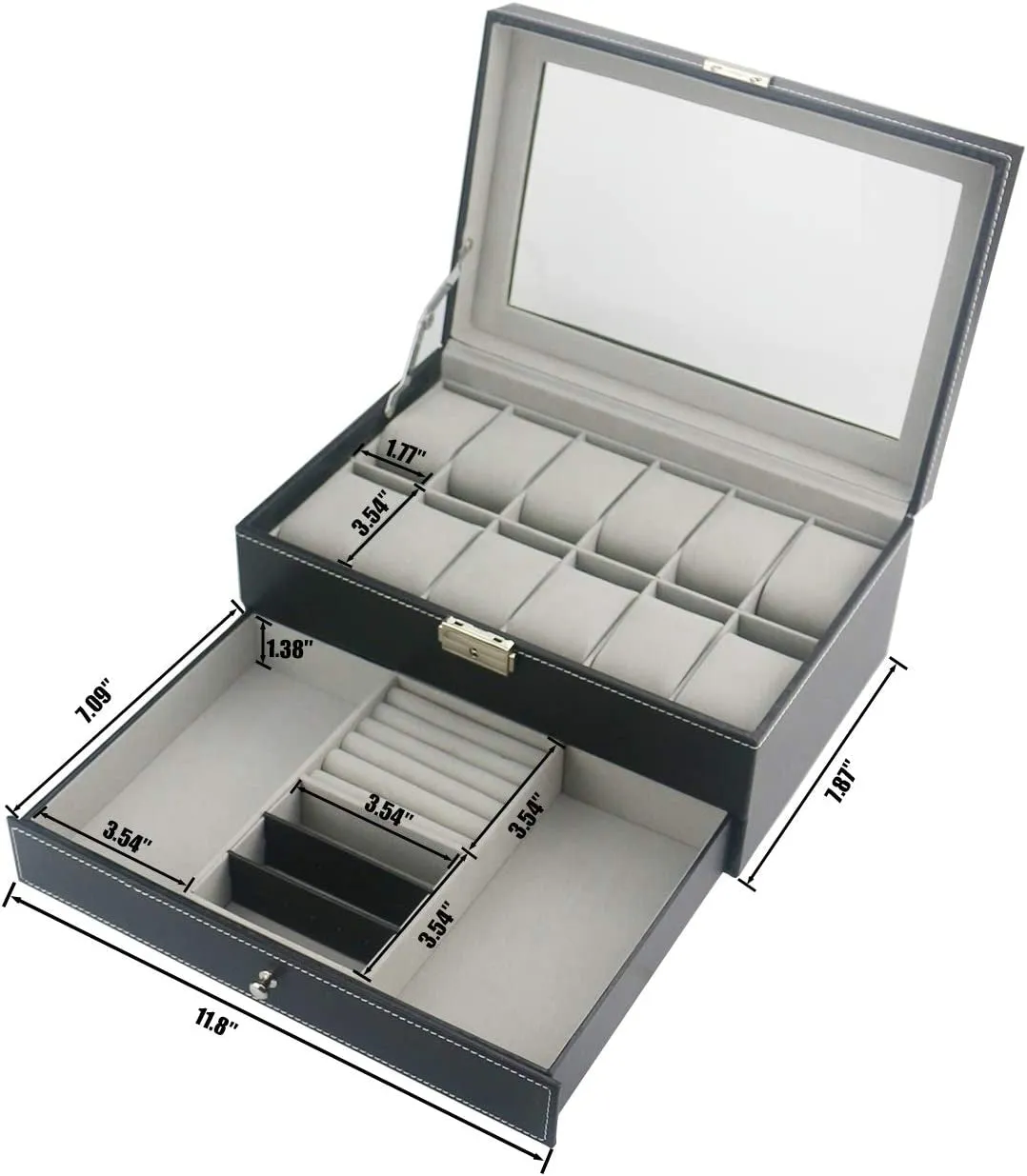 2-tier 12 Slot Leather Lockable Watch Organizer with Glass Lid & Jewelry Drawer, Black
