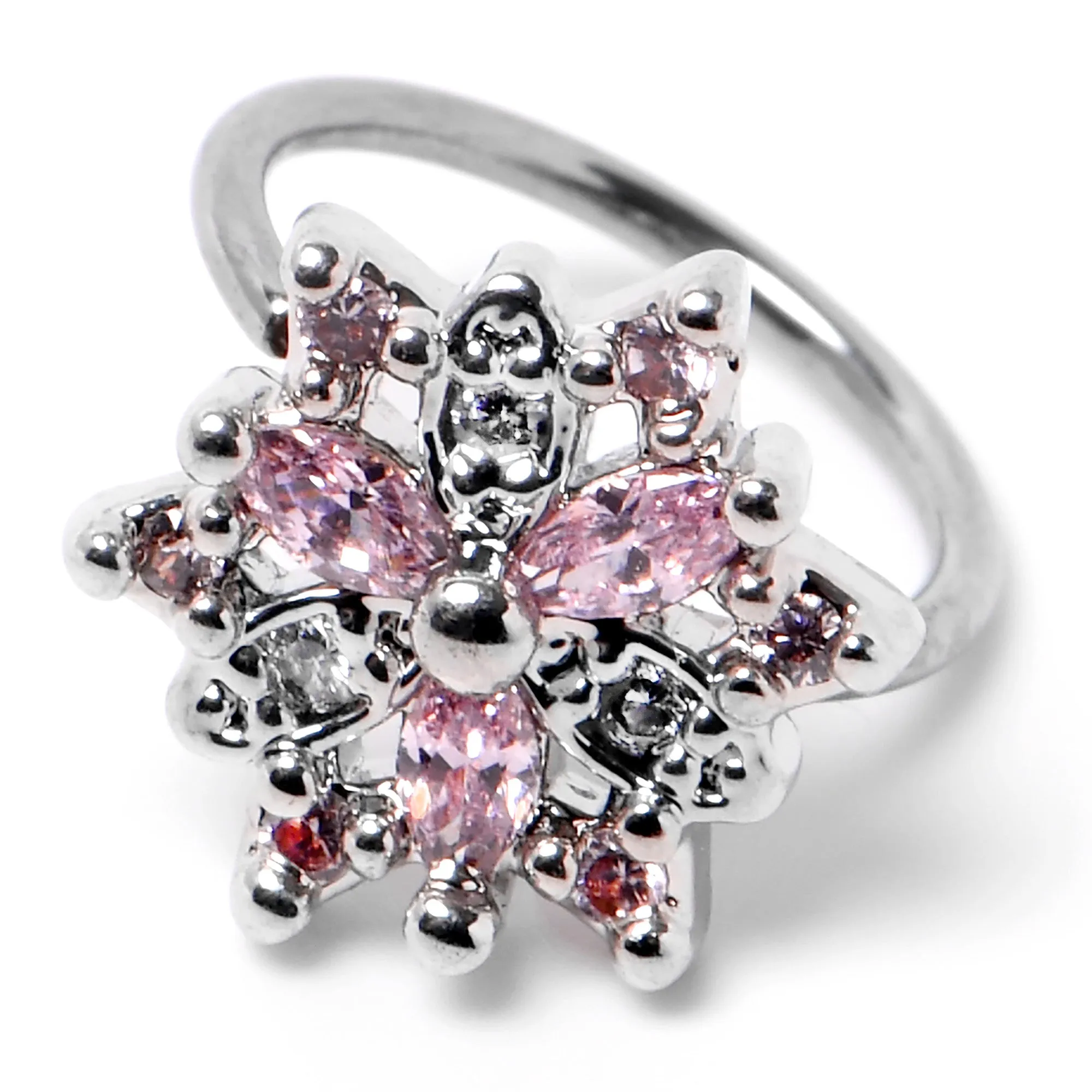 20 Gauge 5/16 Pink Clear CZ Gem Snowflake Nose Hoop