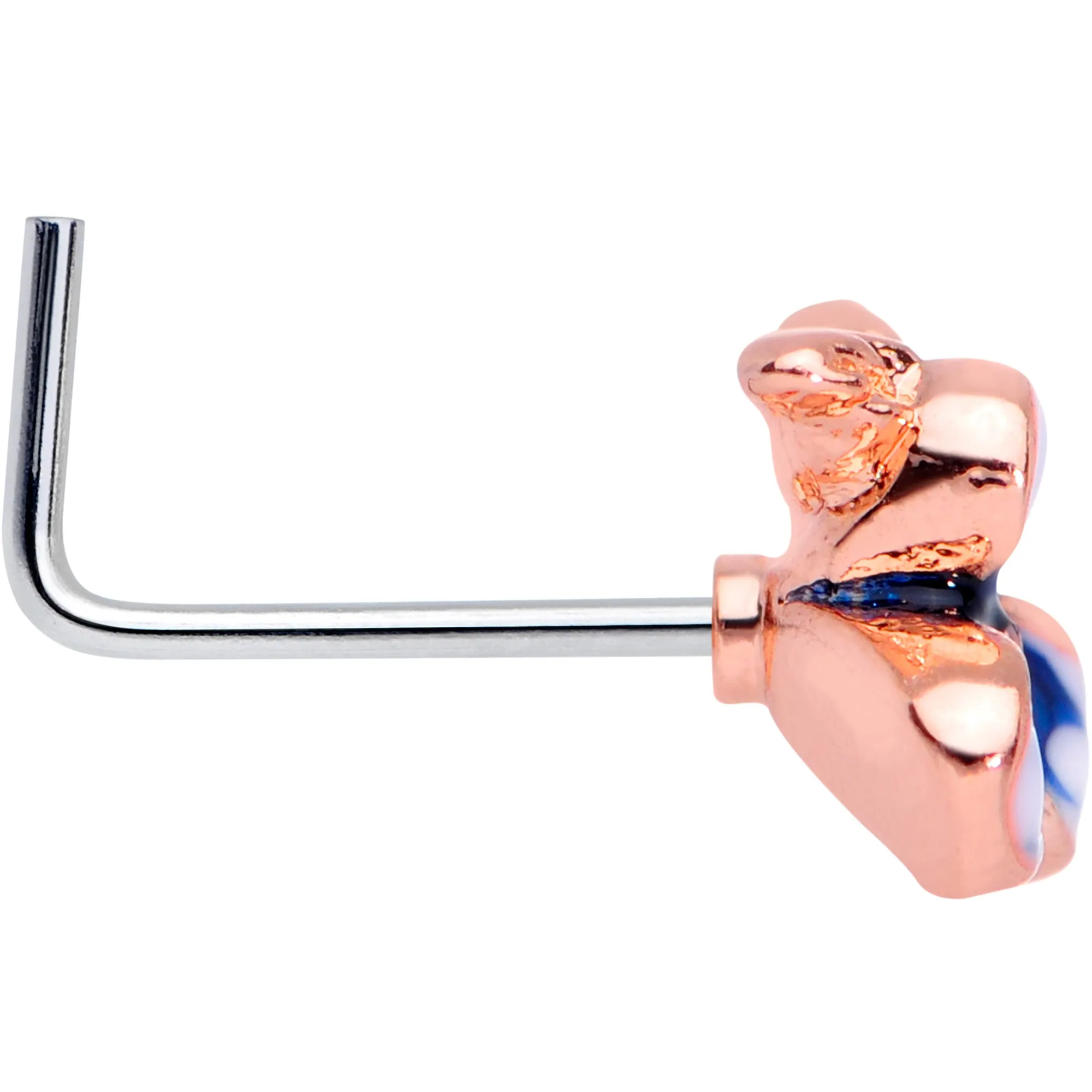 20 Gauge 5/16 Rose Gold Tone Blue White Flower L Shaped Nose Ring