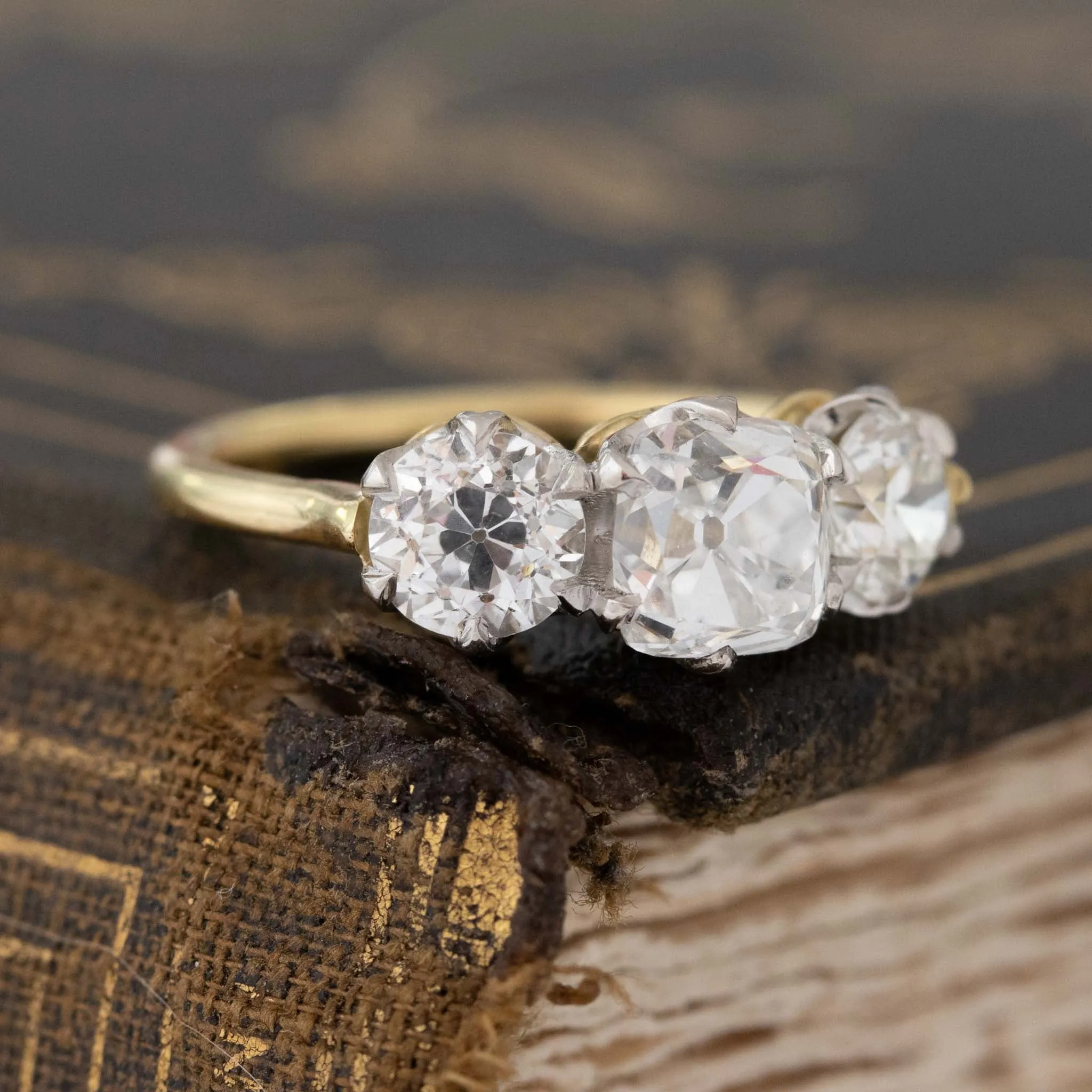 2.42ctw Old Mine & Old European Cut Diamond Trilogy Ring, GIA