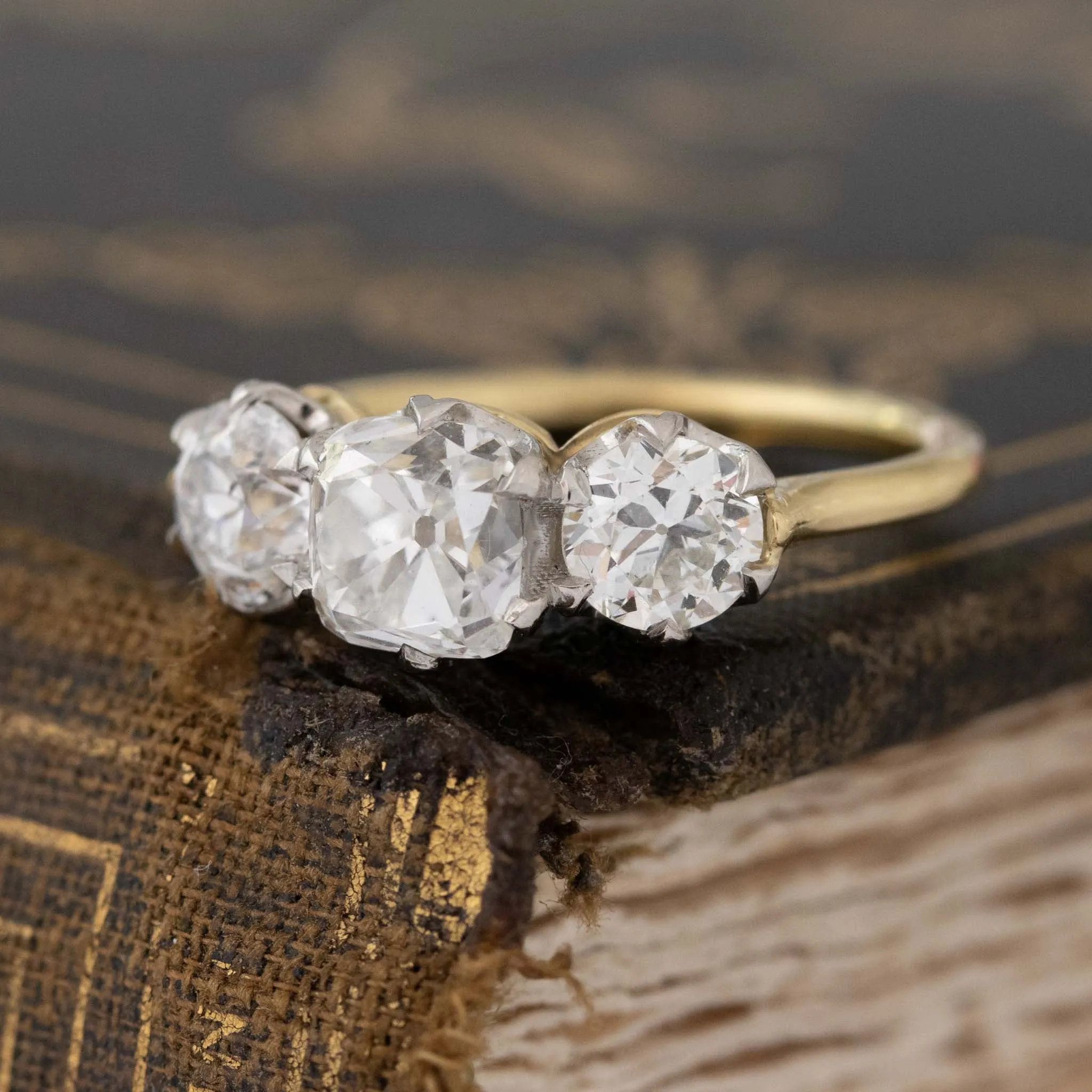2.42ctw Old Mine & Old European Cut Diamond Trilogy Ring, GIA