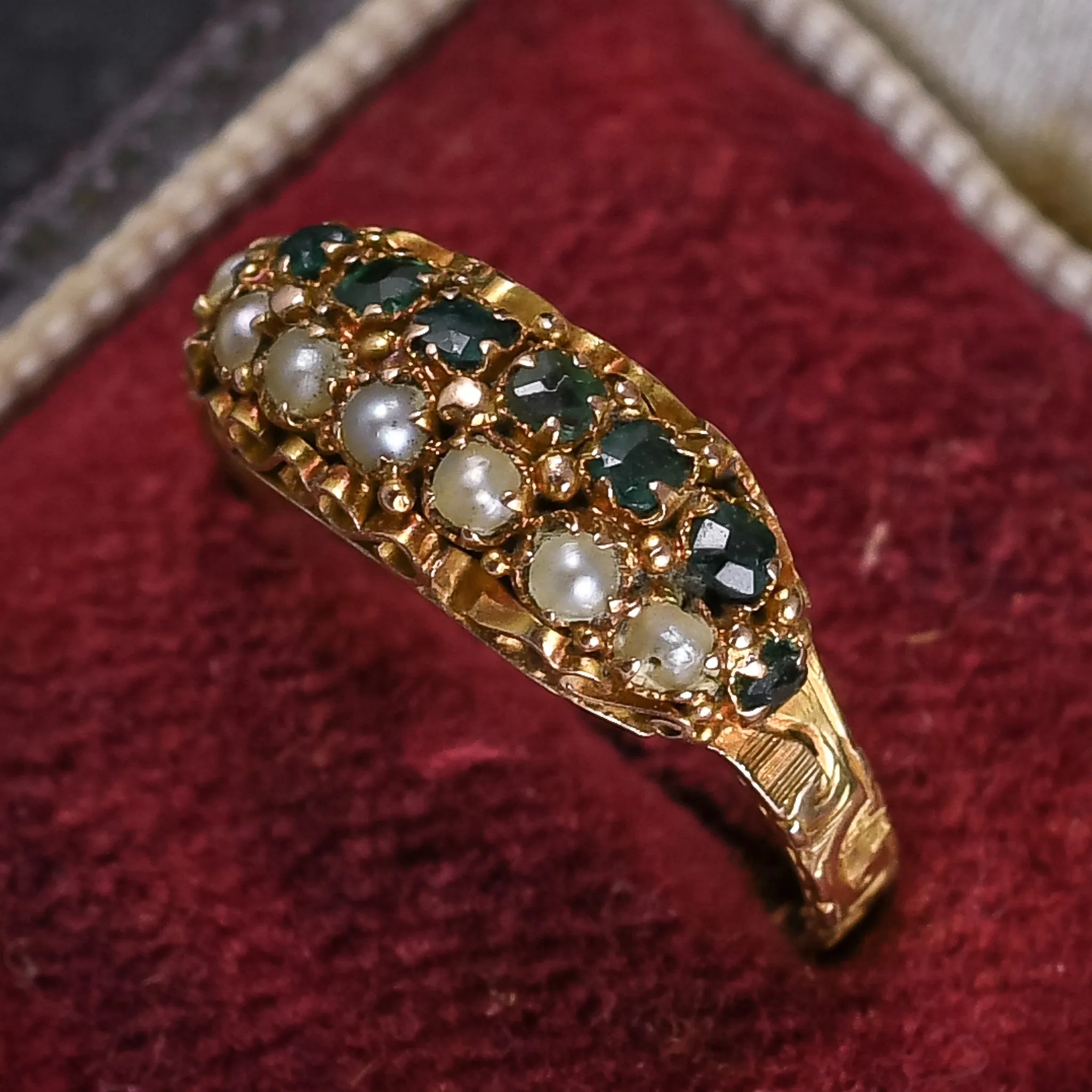 2x rings Victorian Emerald & Pearl Double Row Ring