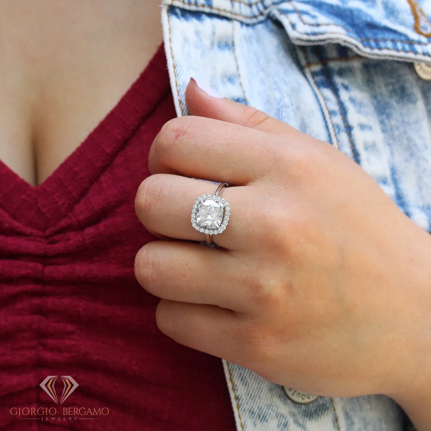 3.50 CTTW Moissanite Cushion Cut Halo Engagement Ring in 925 Sterling Silver
