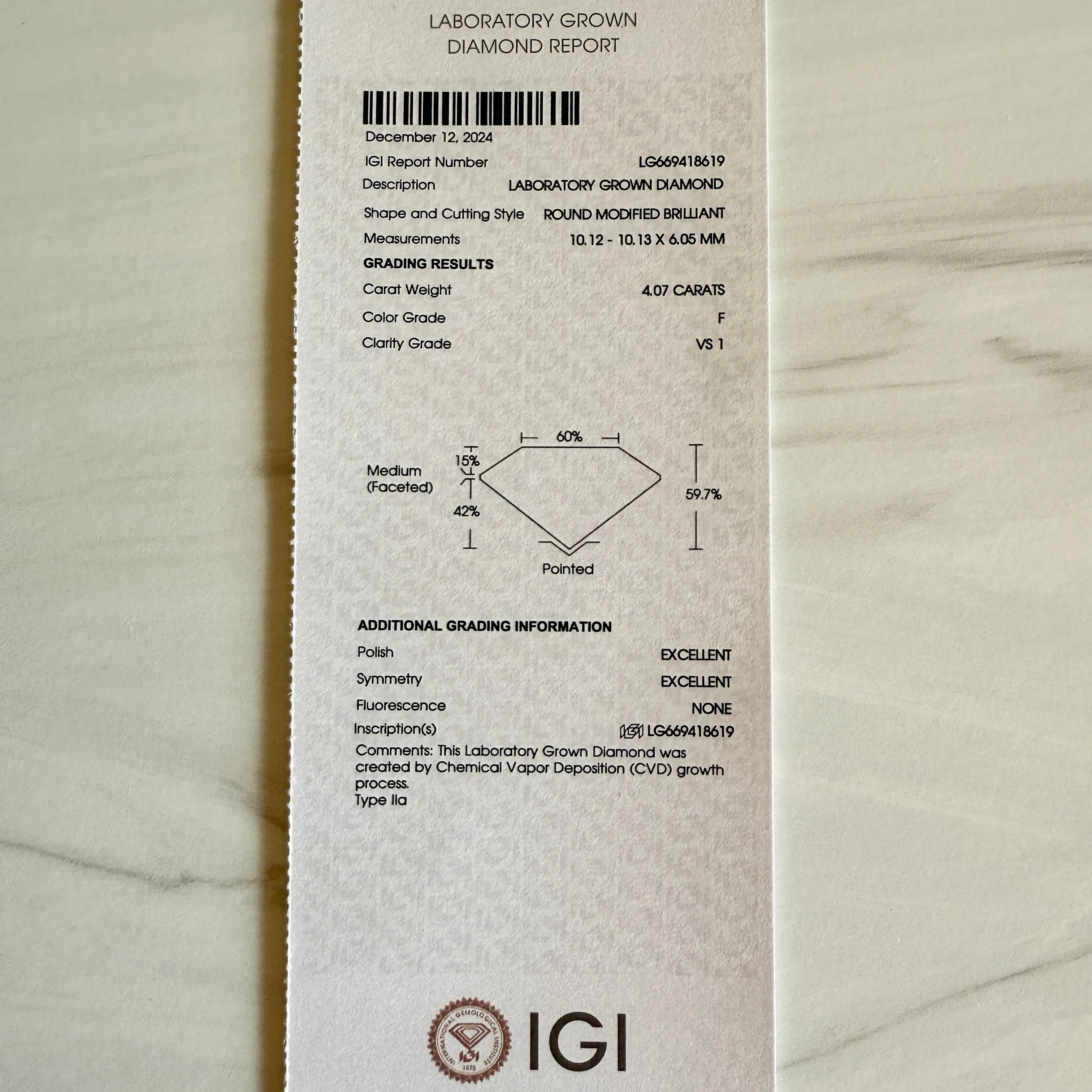 4.07ct Portuguese Cut Lab Diamond IGI Cert.