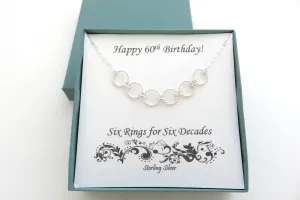 60th Birthday Gifts | Sterling Silver Six Ring Necklace | 60th Birthday Necklace
