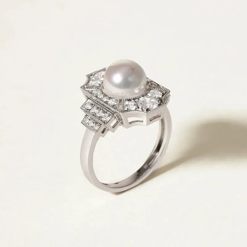 Akoya Pearl Ring 18K White Gold Diamond