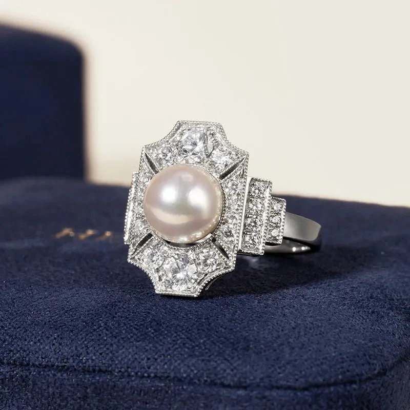 Akoya Pearl Ring 18K White Gold Diamond