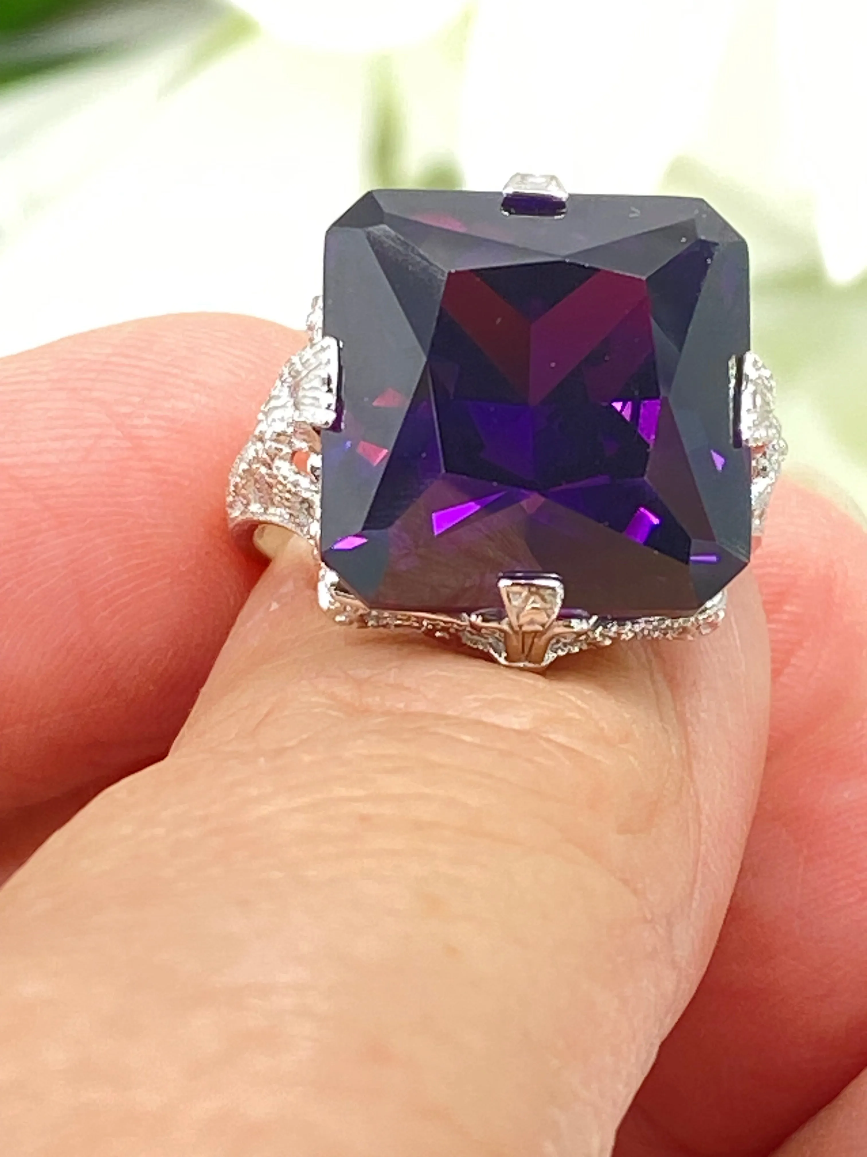 Amethyst Cubic Zirconia (CZ) Ring, 12ct Square Gem White Gold-plated filigree, Victorian Jewelry #D77