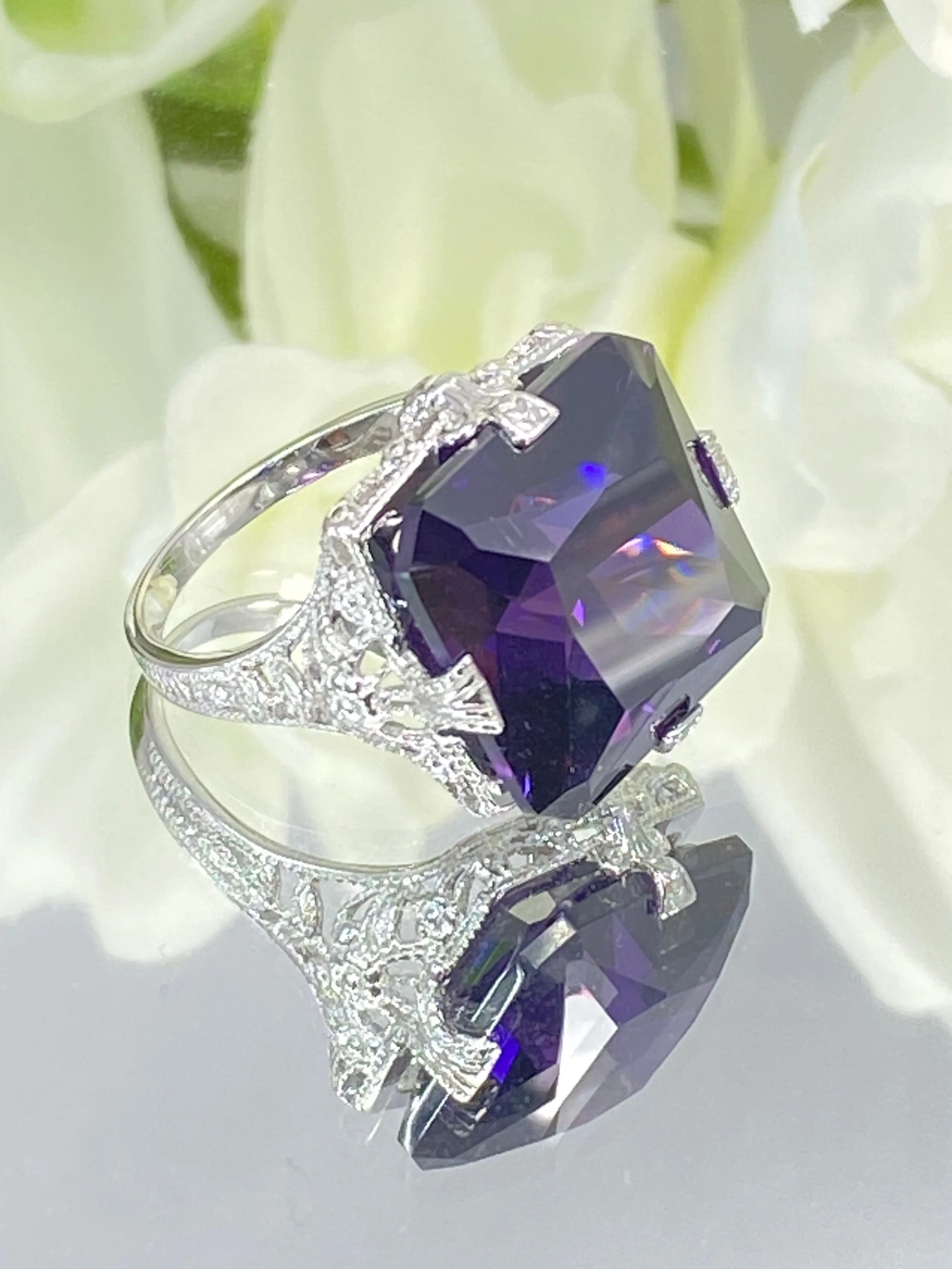 Amethyst Cubic Zirconia (CZ) Ring, 12ct Square Gem White Gold-plated filigree, Victorian Jewelry #D77