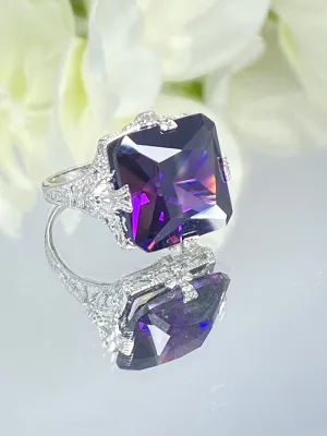 Amethyst Cubic Zirconia (CZ) Ring, 12ct Square Gem White Gold-plated filigree, Victorian Jewelry #D77