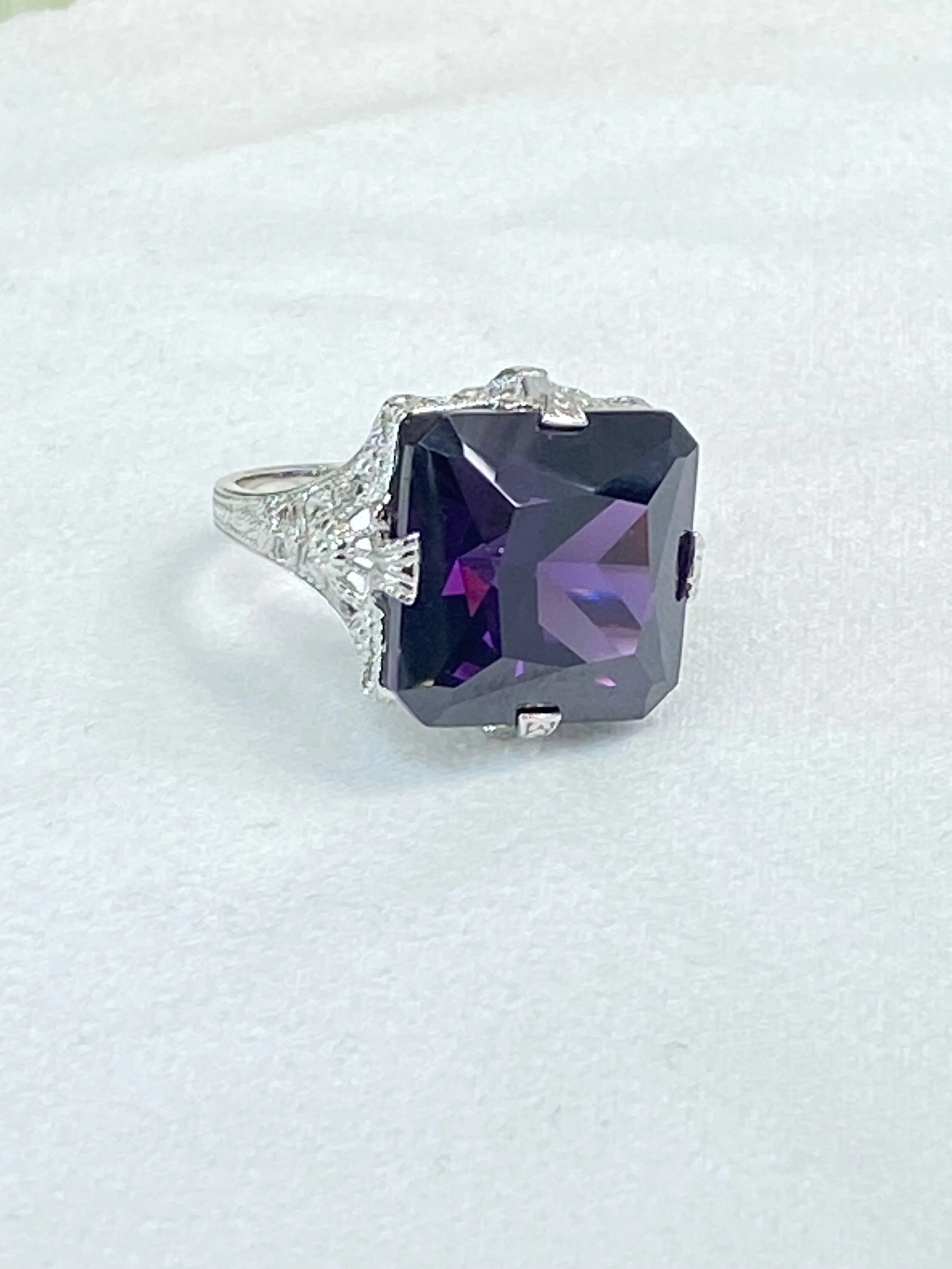 Amethyst Cubic Zirconia (CZ) Ring, 12ct Square Gem White Gold-plated filigree, Victorian Jewelry #D77