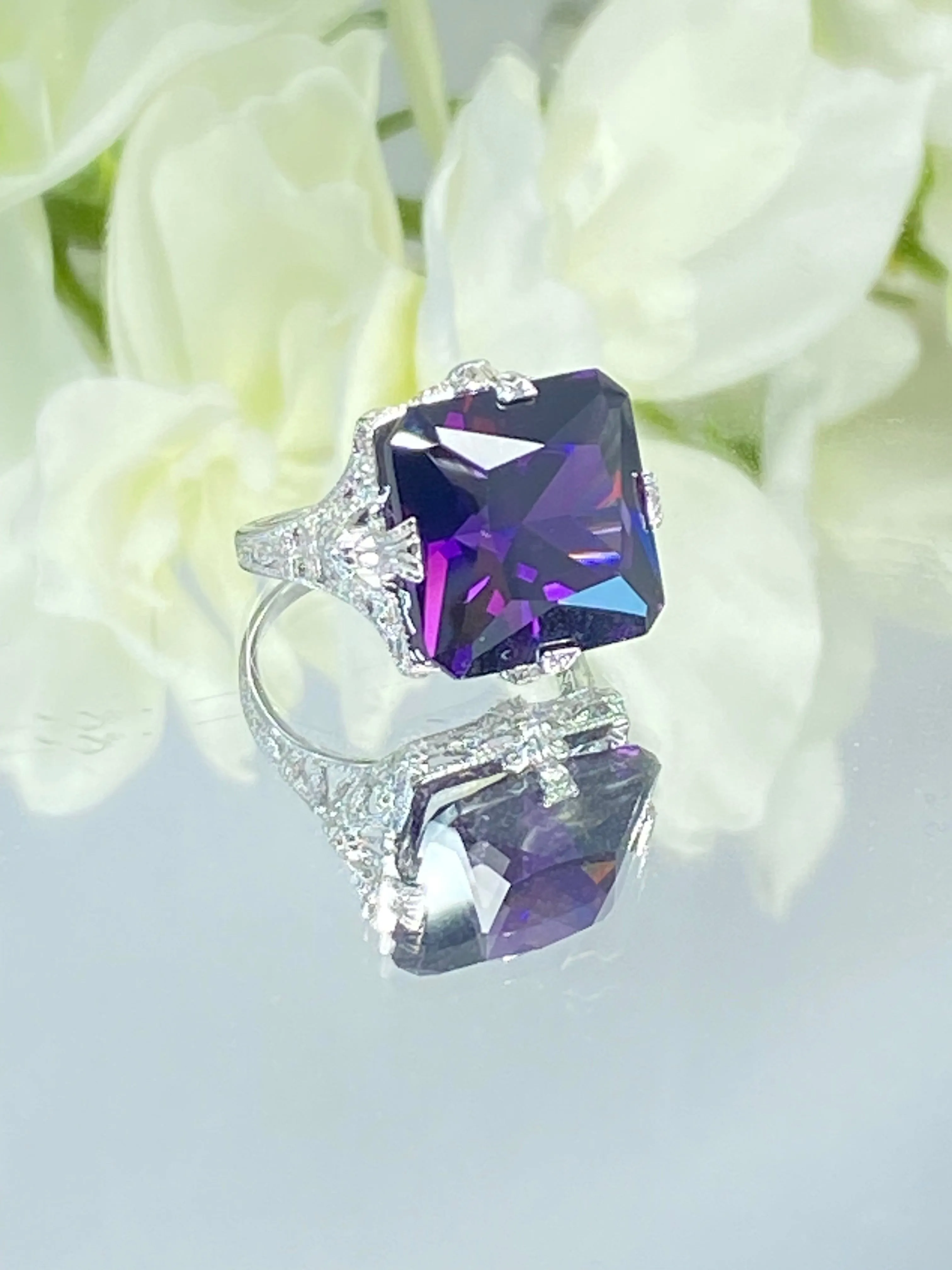 Amethyst Cubic Zirconia (CZ) Ring, 12ct Square Gem White Gold-plated filigree, Victorian Jewelry #D77