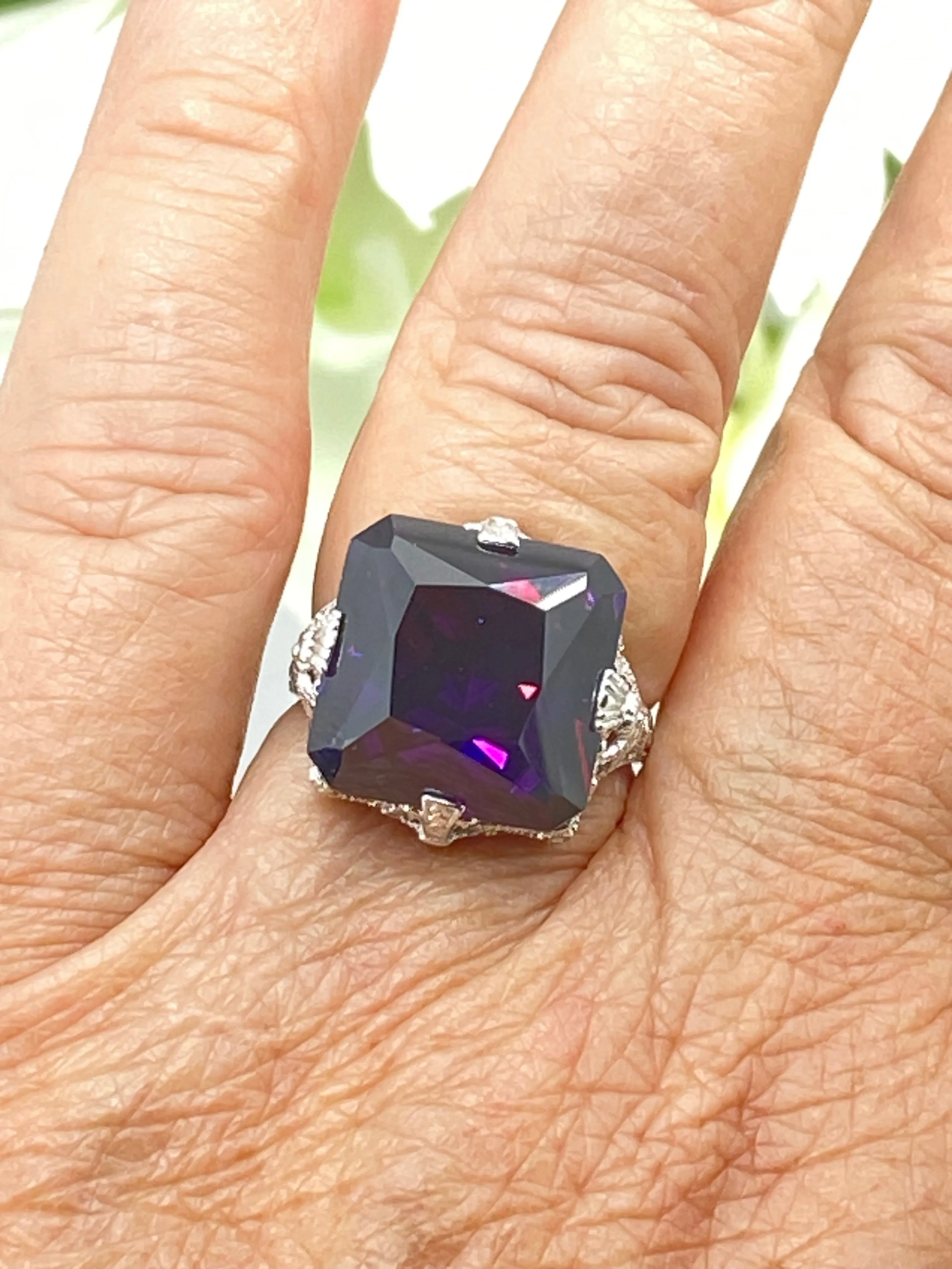 Amethyst Cubic Zirconia (CZ) Ring, 12ct Square Gem White Gold-plated filigree, Victorian Jewelry #D77