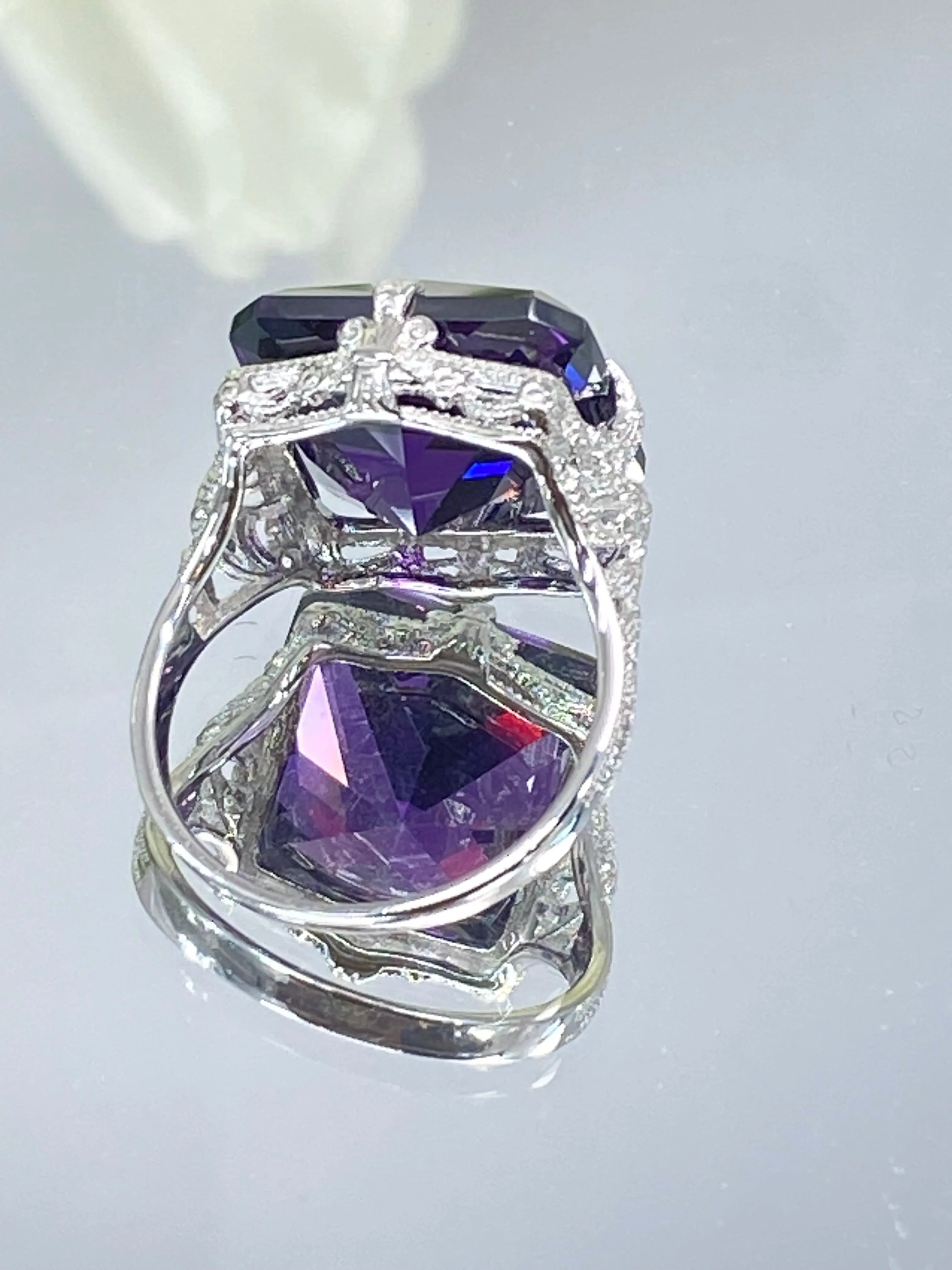 Amethyst Cubic Zirconia (CZ) Ring, 12ct Square Gem White Gold-plated filigree, Victorian Jewelry #D77