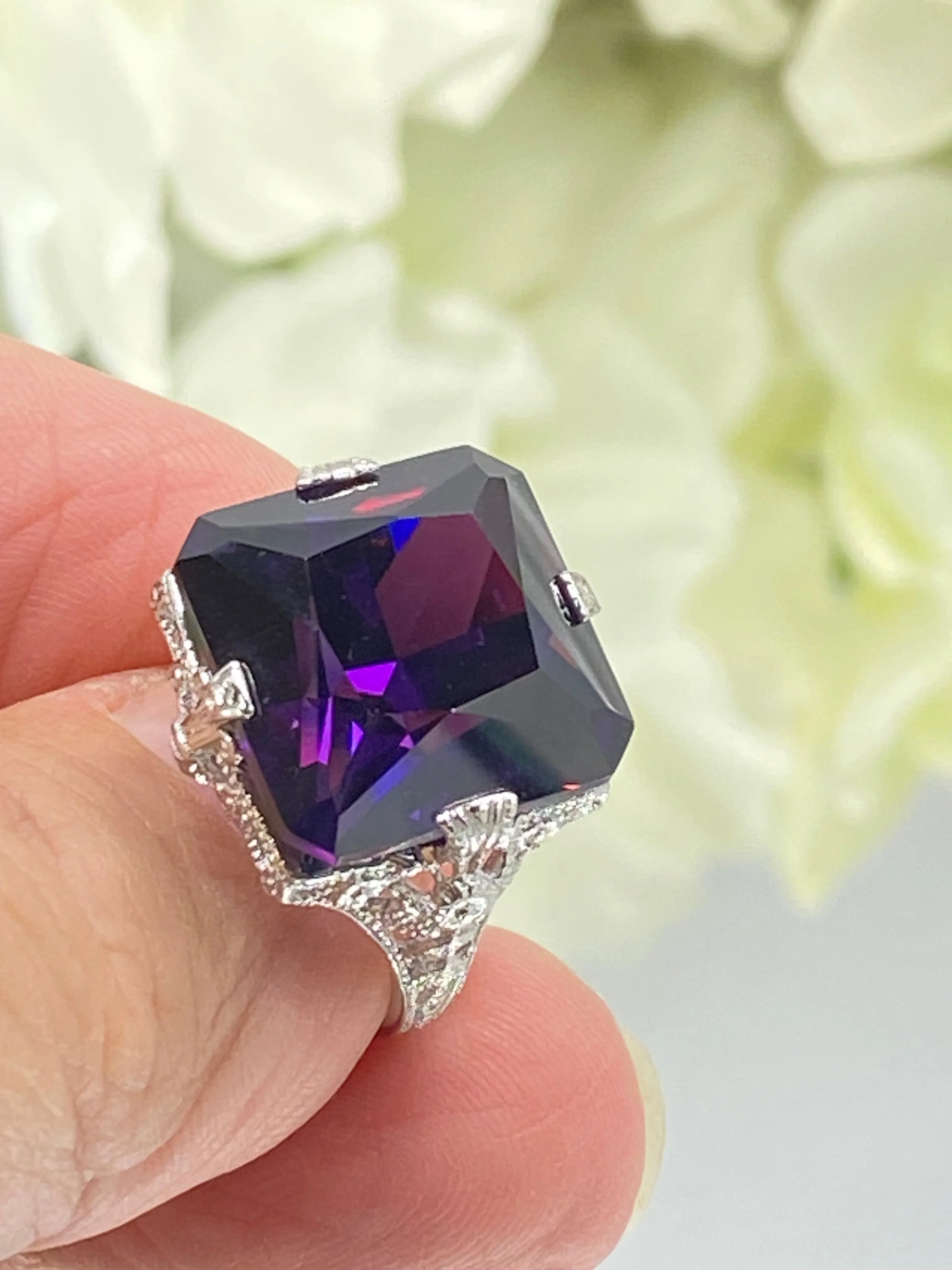 Amethyst Cubic Zirconia (CZ) Ring, 12ct Square Gem White Gold-plated filigree, Victorian Jewelry #D77