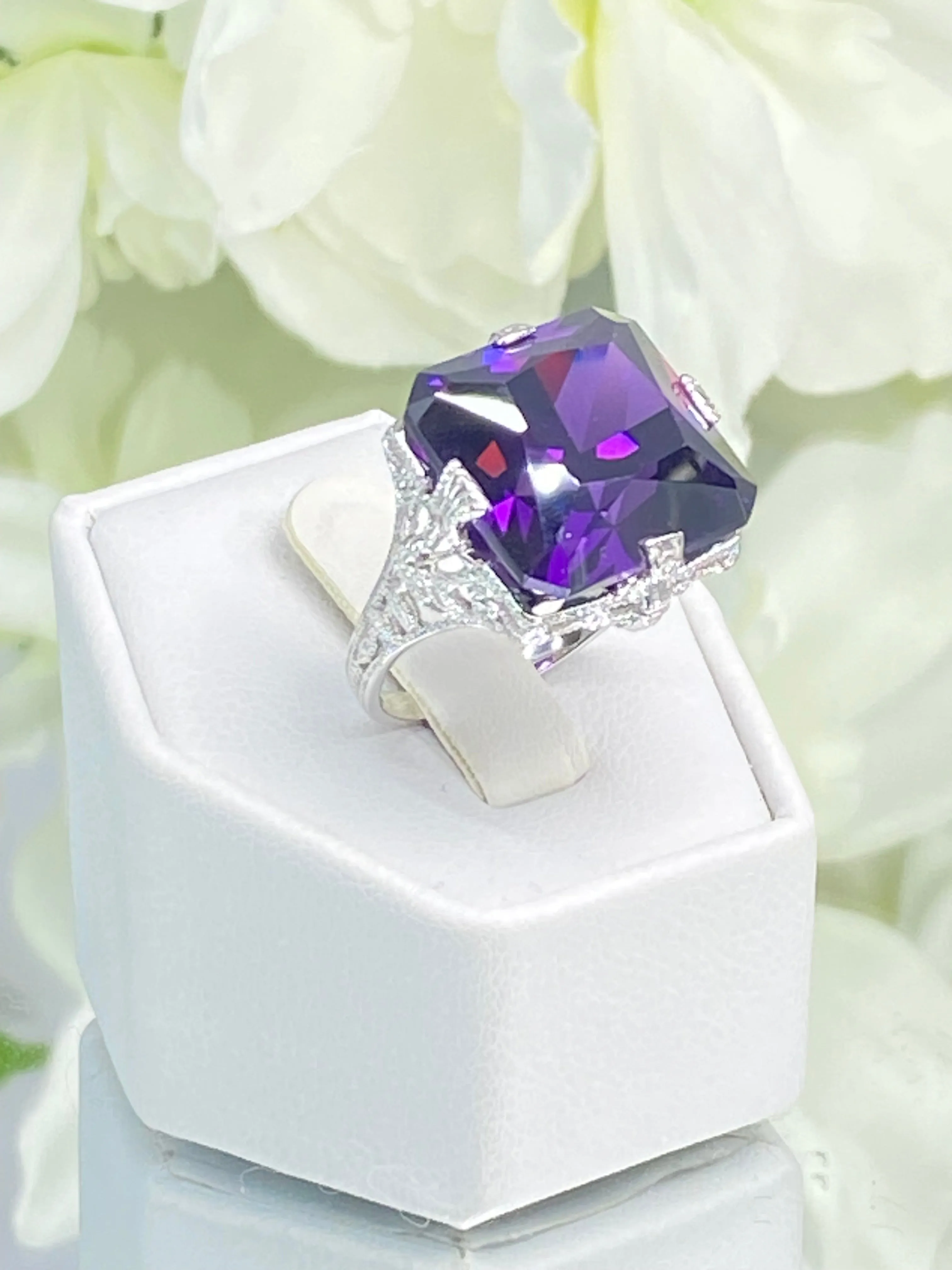 Amethyst Cubic Zirconia (CZ) Ring, 12ct Square Gem White Gold-plated filigree, Victorian Jewelry #D77