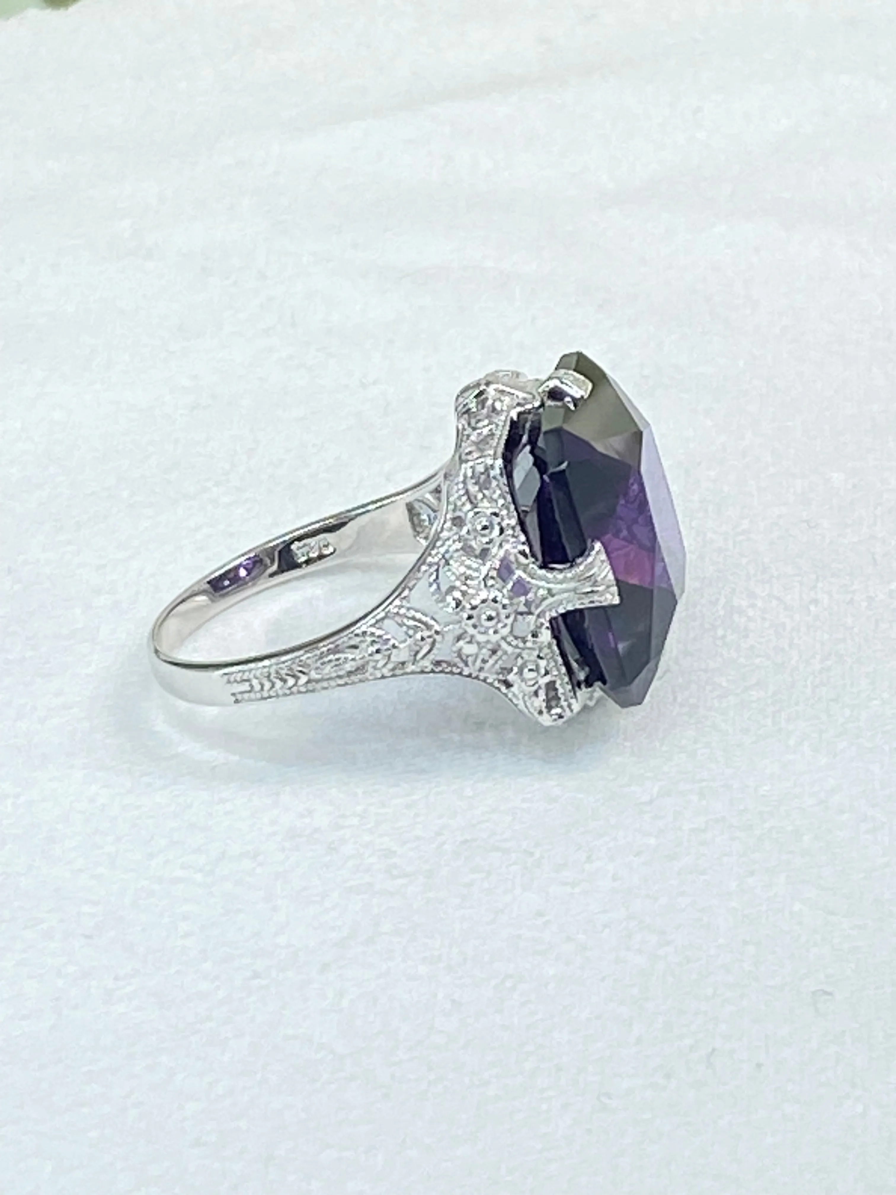 Amethyst Cubic Zirconia (CZ) Ring, 12ct Square Gem White Gold-plated filigree, Victorian Jewelry #D77