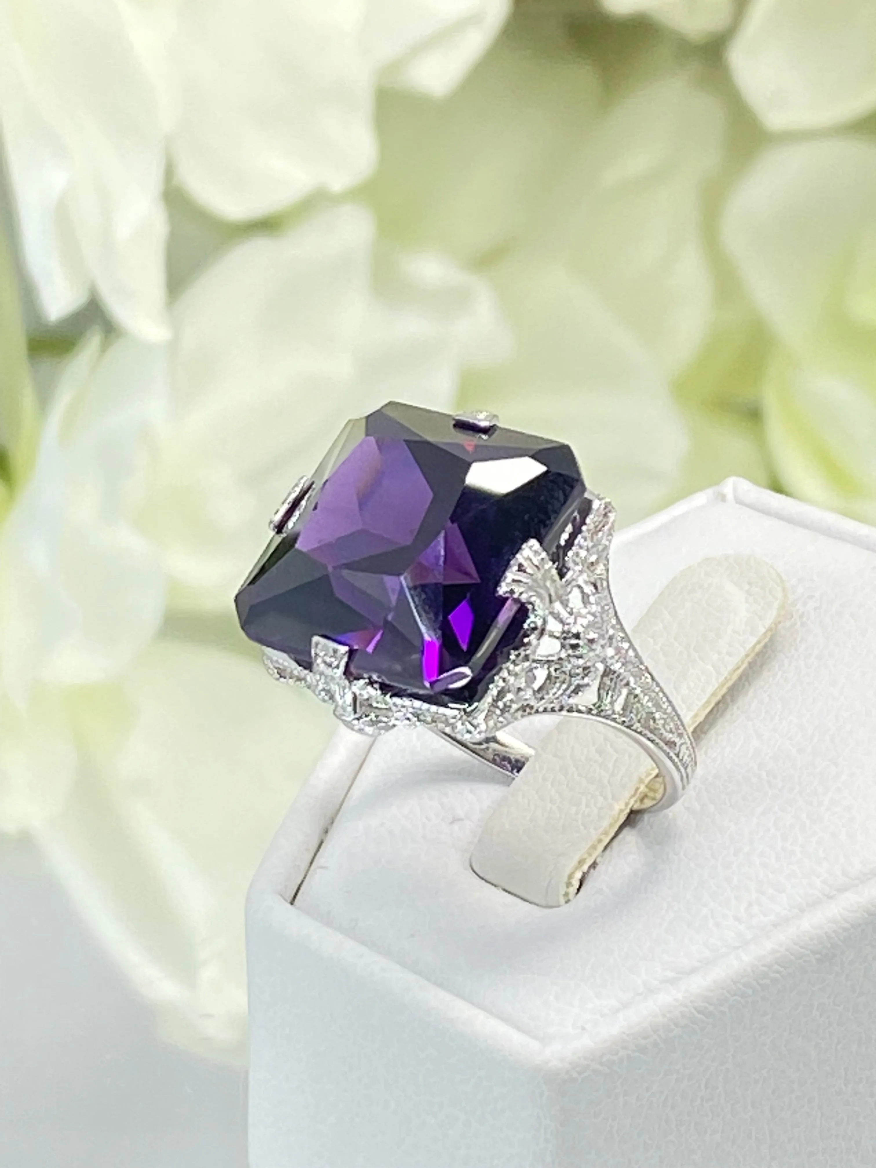 Amethyst Cubic Zirconia (CZ) Ring, 12ct Square Gem White Gold-plated filigree, Victorian Jewelry #D77