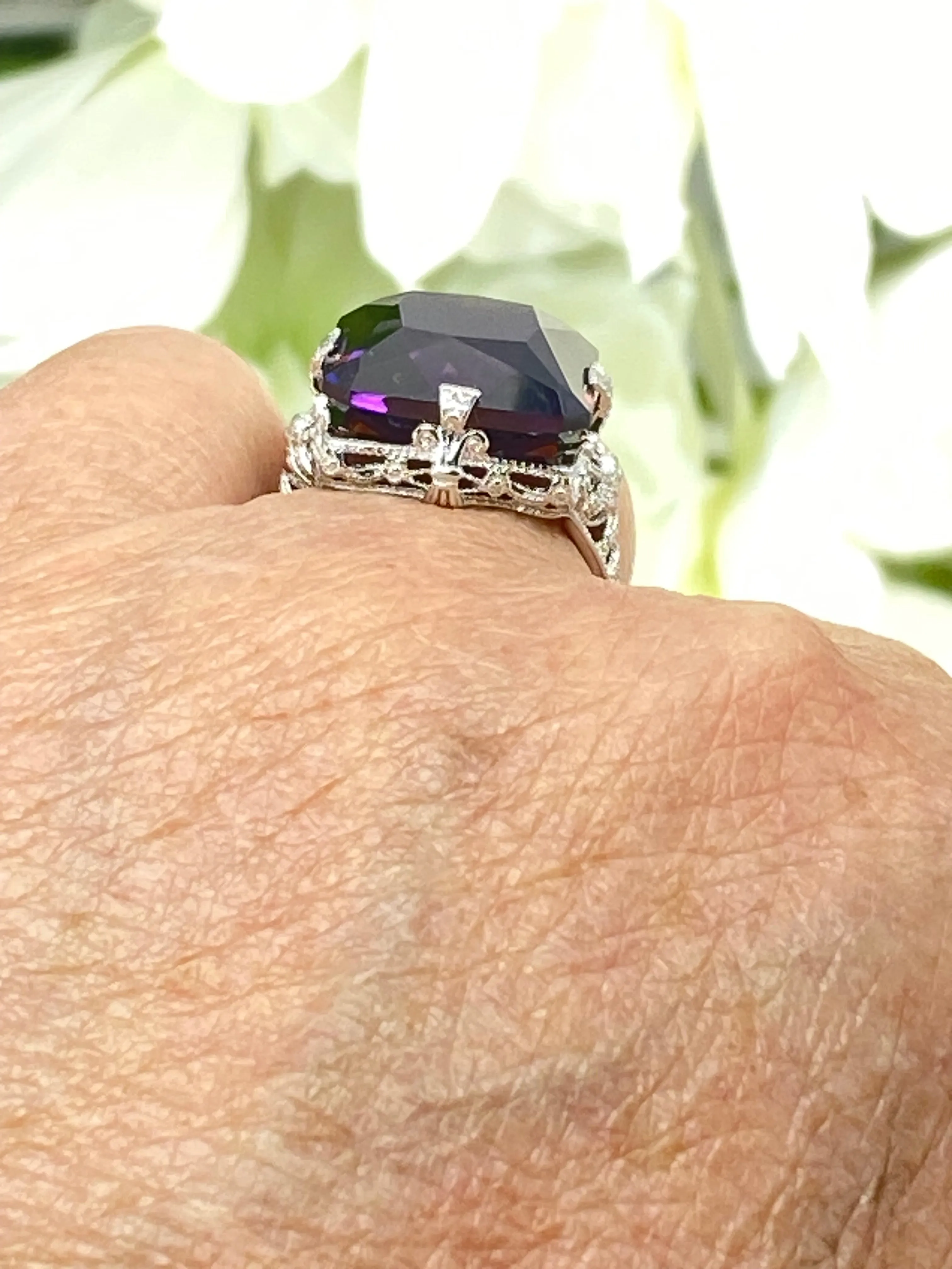 Amethyst Cubic Zirconia (CZ) Ring, 12ct Square Gem White Gold-plated filigree, Victorian Jewelry #D77