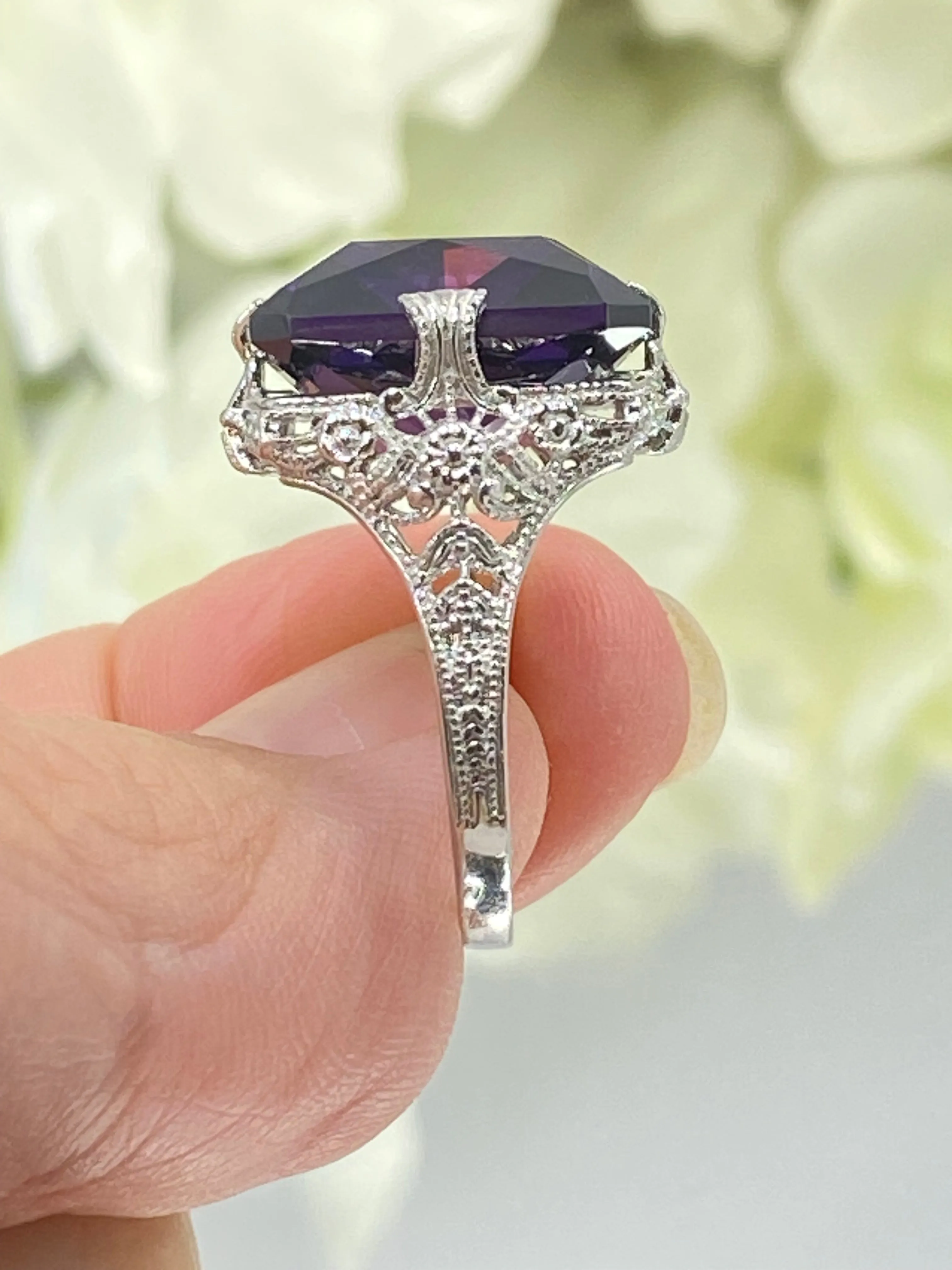 Amethyst Cubic Zirconia (CZ) Ring, 12ct Square Gem White Gold-plated filigree, Victorian Jewelry #D77