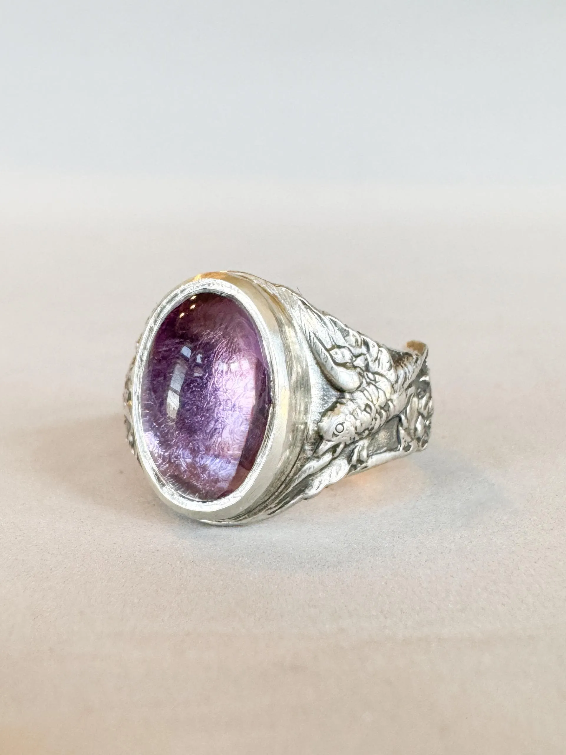 Amethyst Signet Ring With Birds and Flowers in Sterling Silver