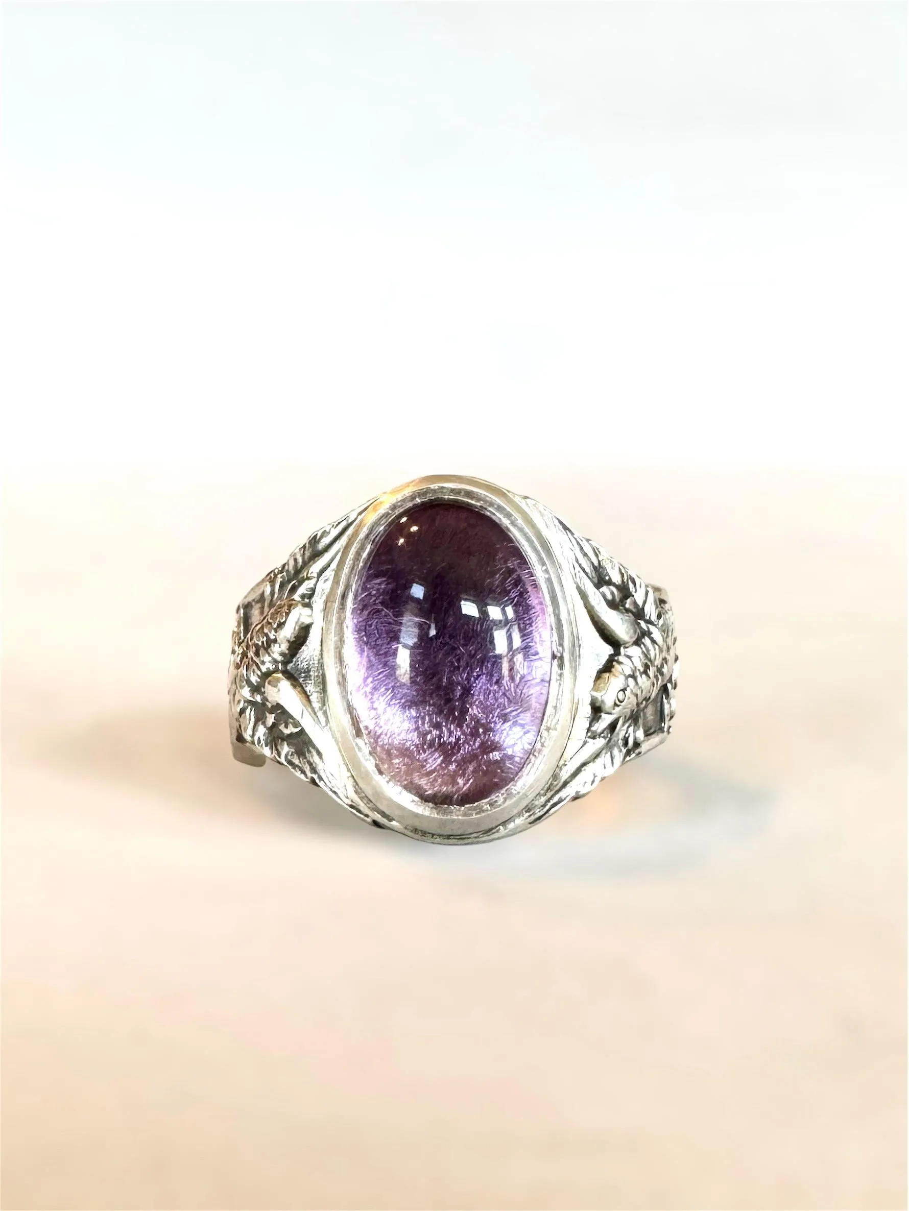 Amethyst Signet Ring With Birds and Flowers in Sterling Silver