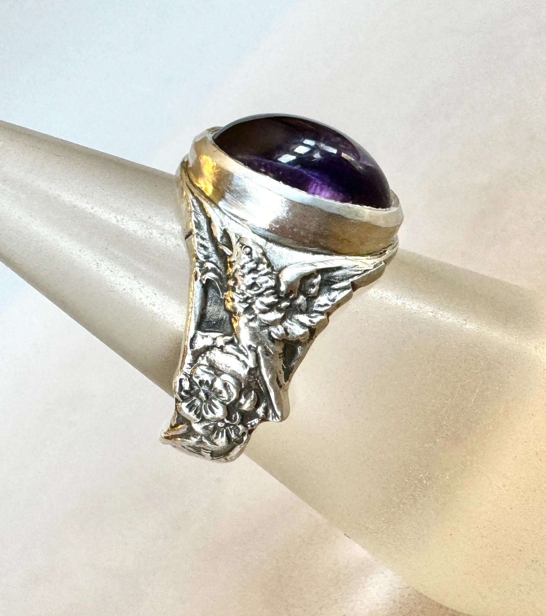 Amethyst Signet Ring With Birds and Flowers in Sterling Silver