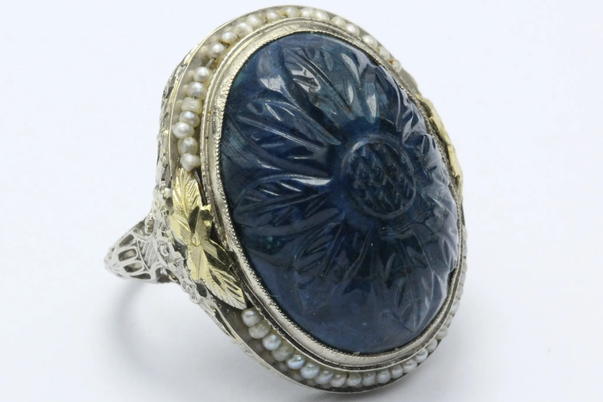Antique Art Deco 14K White Gold Carved Blue Stone Seed Pearl Chunky Ring