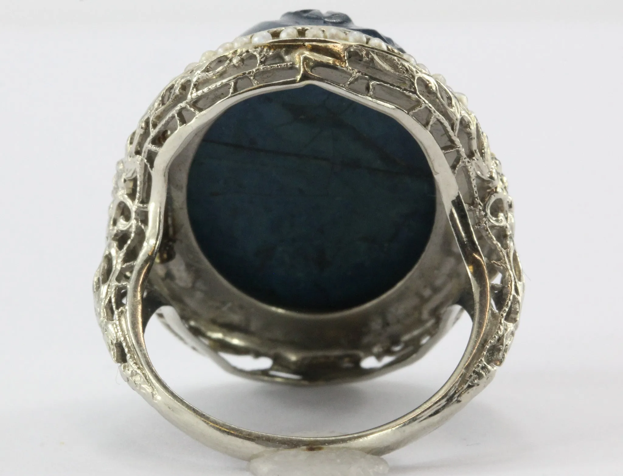 Antique Art Deco 14K White Gold Carved Blue Stone Seed Pearl Chunky Ring