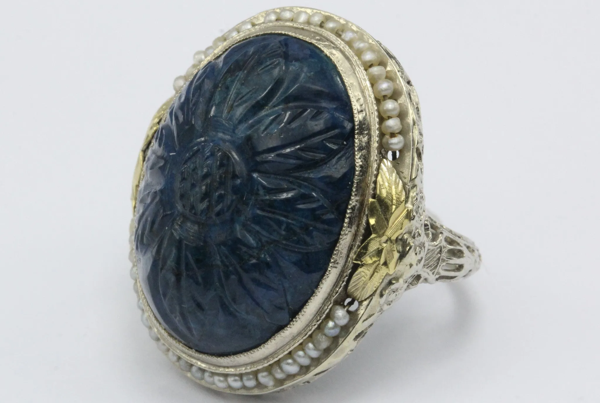 Antique Art Deco 14K White Gold Carved Blue Stone Seed Pearl Chunky Ring