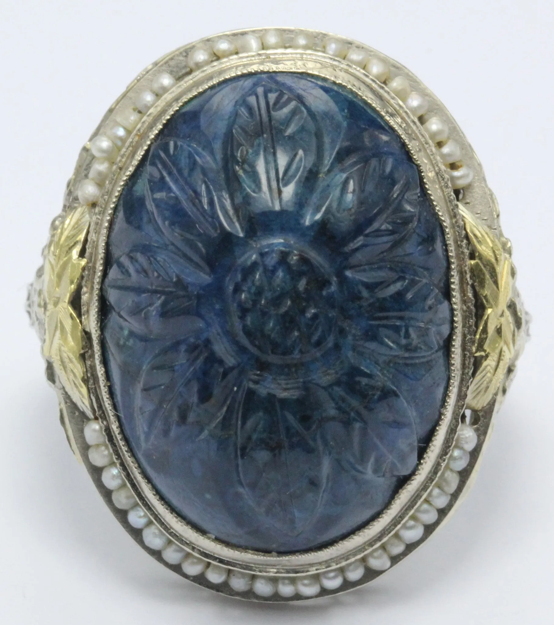 Antique Art Deco 14K White Gold Carved Blue Stone Seed Pearl Chunky Ring