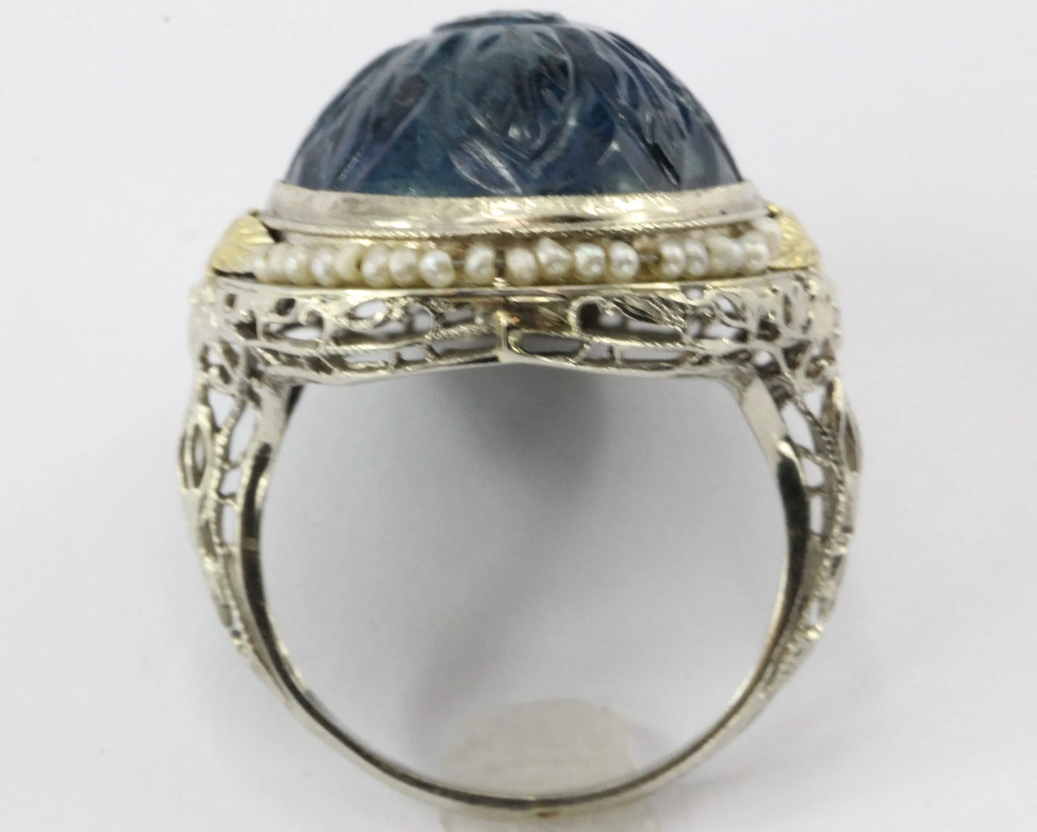 Antique Art Deco 14K White Gold Carved Blue Stone Seed Pearl Chunky Ring