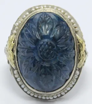 Antique Art Deco 14K White Gold Carved Blue Stone Seed Pearl Chunky Ring